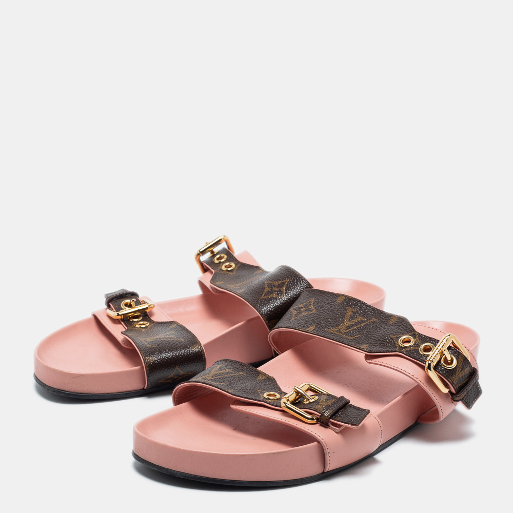 

Louis Vuitton Pink/Brown Leather and Monogram Canvas Bom Dia Slides Size