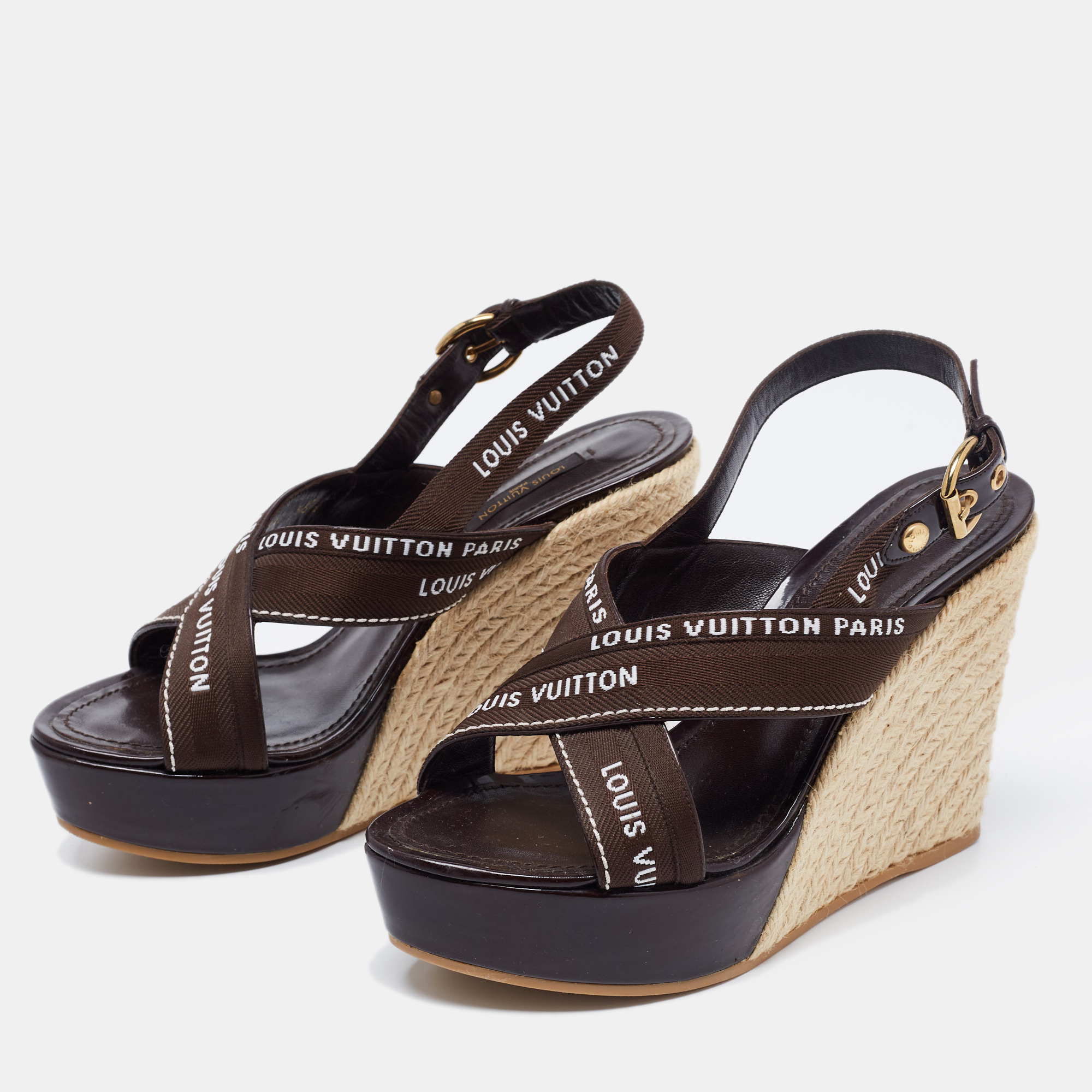 

Louis Vuitton Brown Patent and Canvas Wedge Ankle Strap Sandals Size