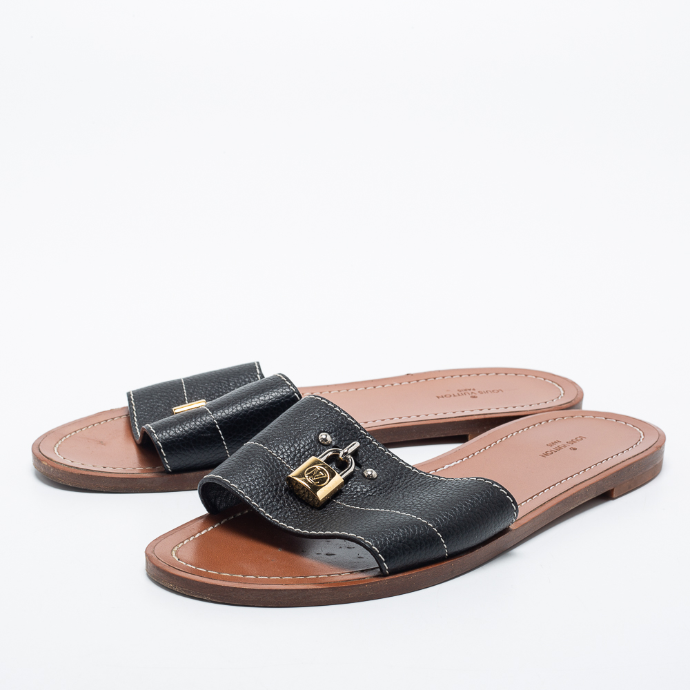 

Louis Vuitton Black Leather Lock It Flat Sandals Size