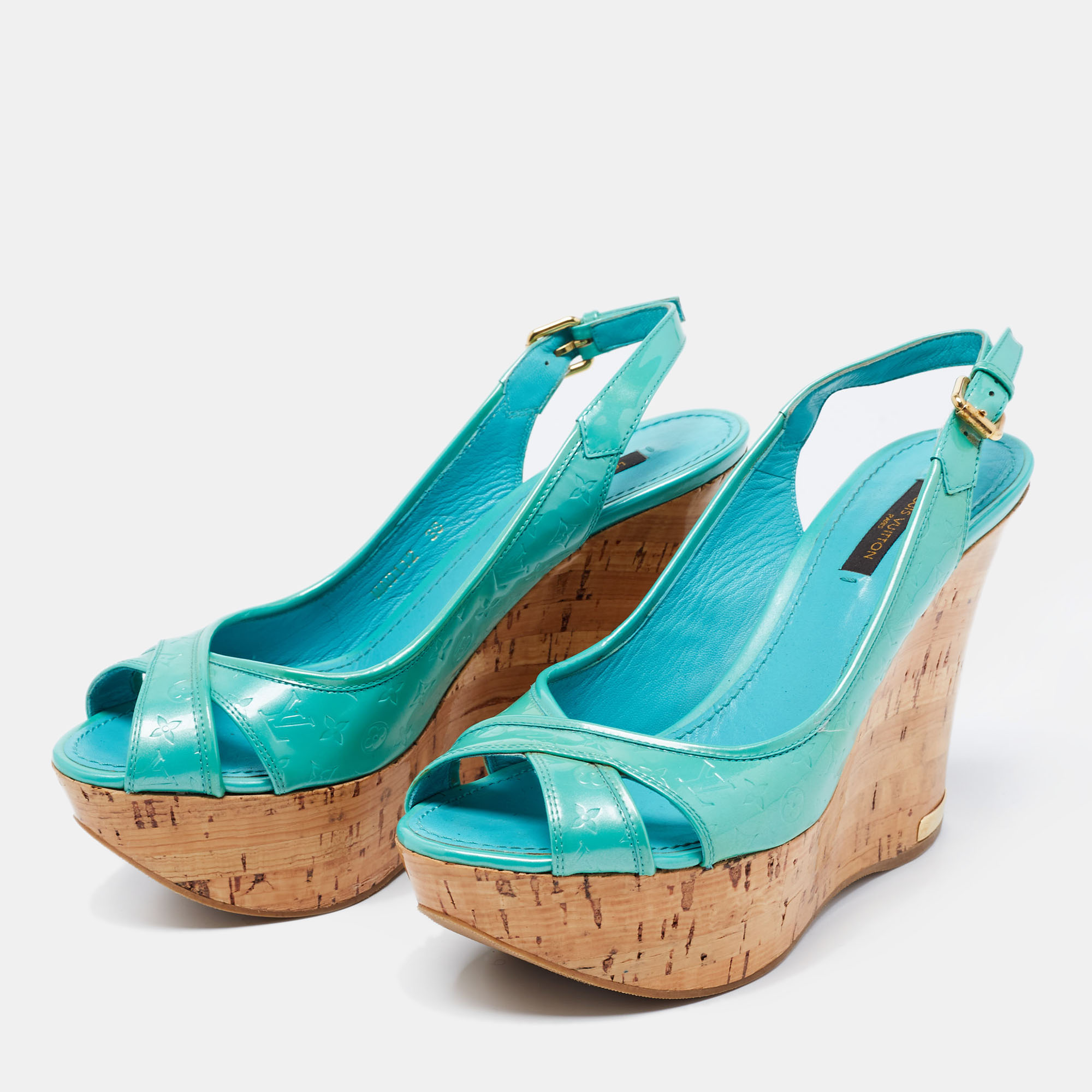 

Louis Vuitton Turquoise Monogram Vernis Leather Pantheon Wedge Slingback Sandals Size, Green