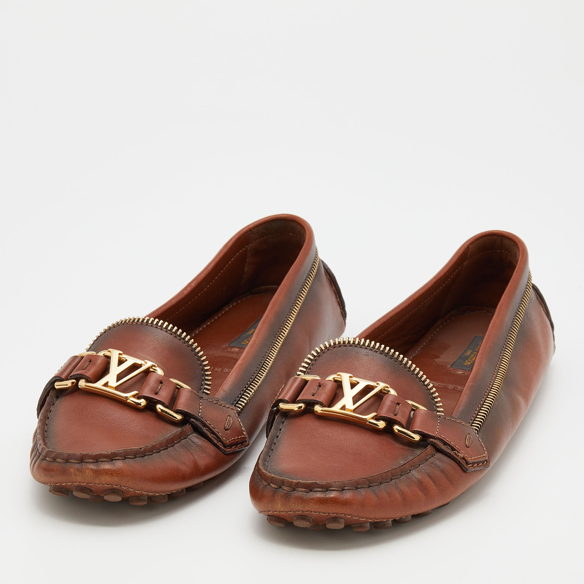 

Louis Vuitton Brown Leather Zipper Detail Slip On Loafers Size