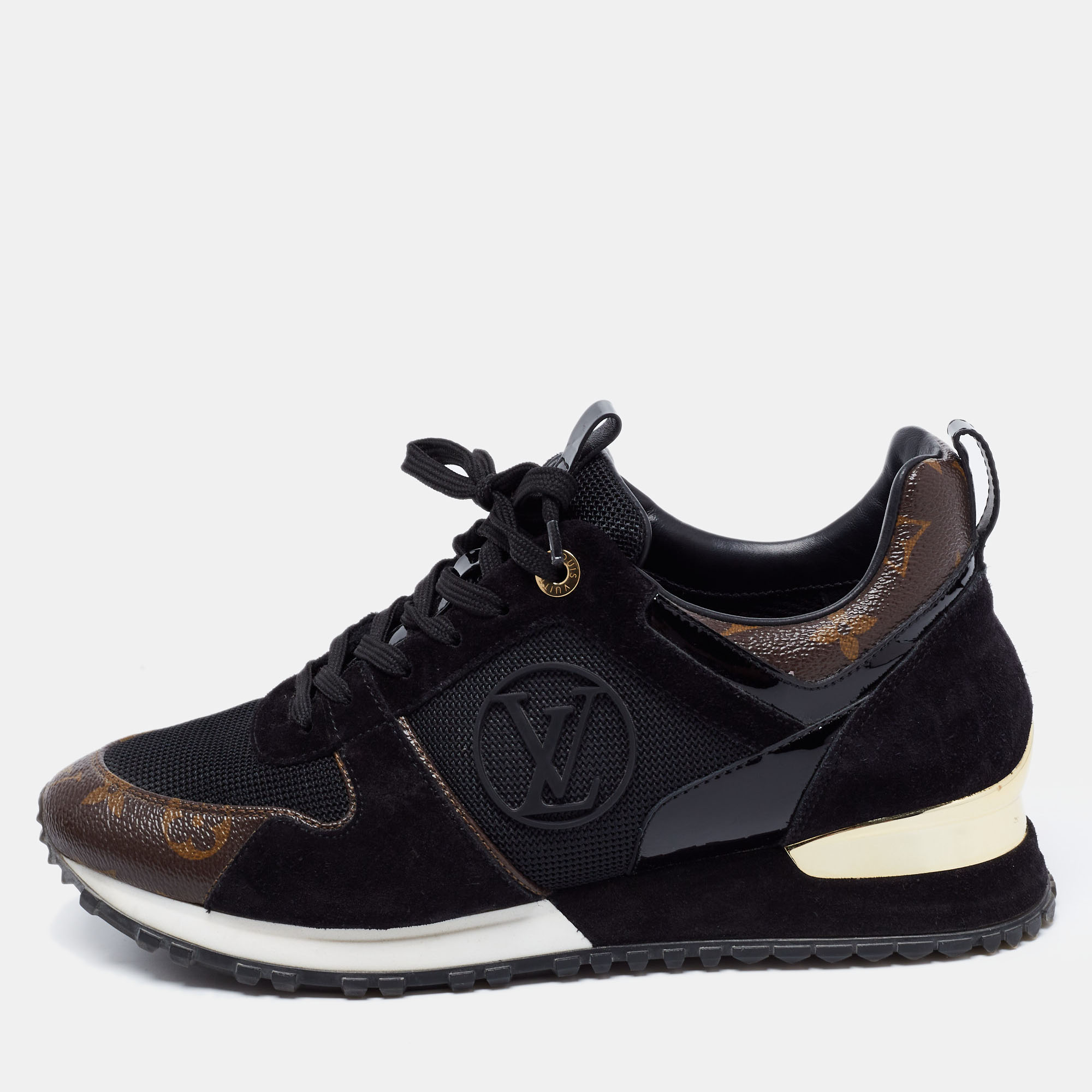 Pre Owned حذاء رياضي لوي فيتون رون اواي سويدي وشبك وكانفاس مقوى مونوغرامي أسود/بني مقاس 36.5