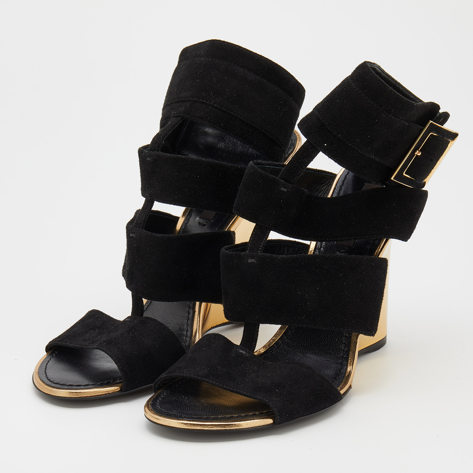 

Louis Vuitton Black Suede Wedge Ankle Cuff Sandals Size