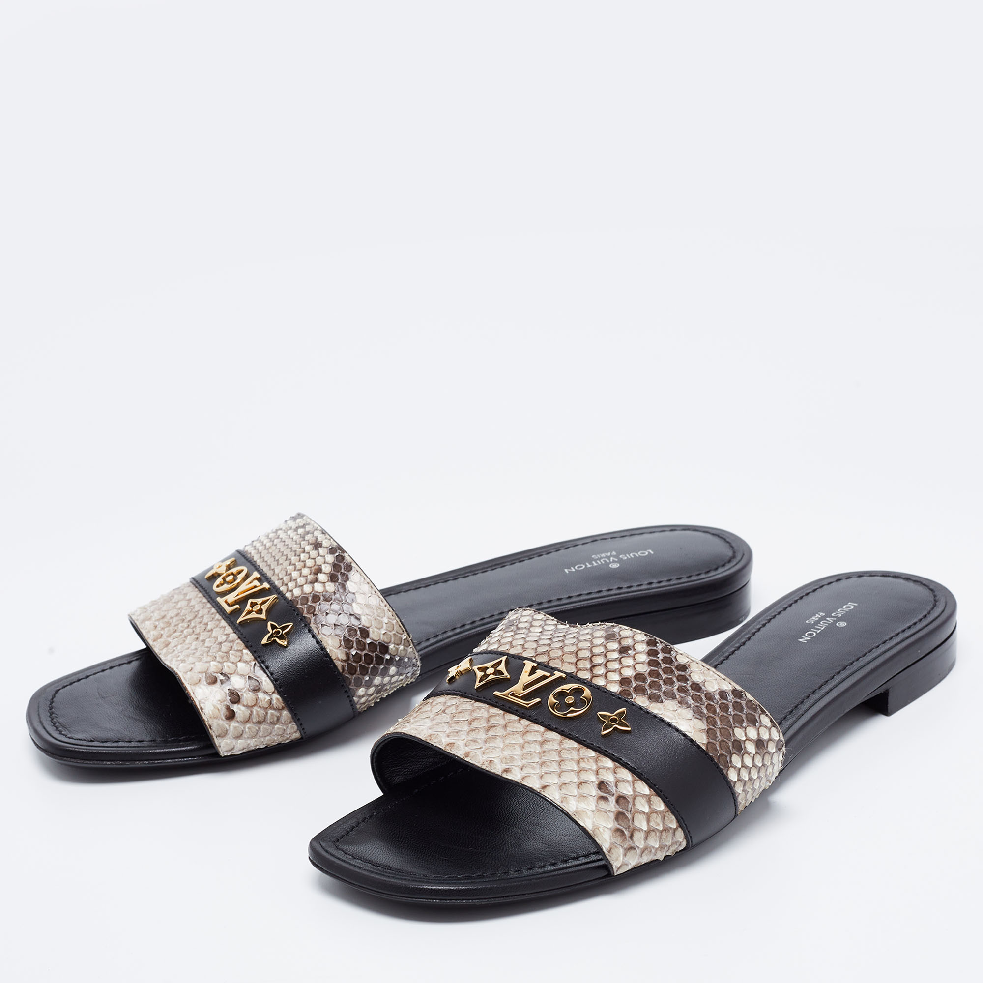

Louis Vuitton Black/Grey Python And Leather Flat Slide Sandals Size