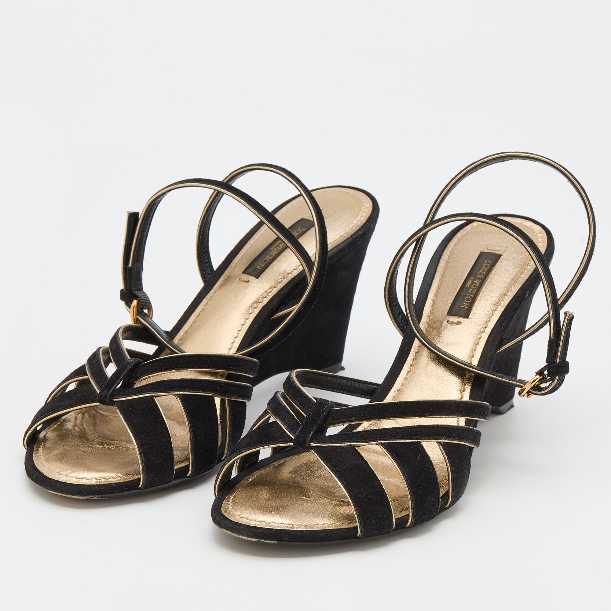 

Louis Vuitton Black/Gold Suede and Leather Wedge Strappy Sandals Size