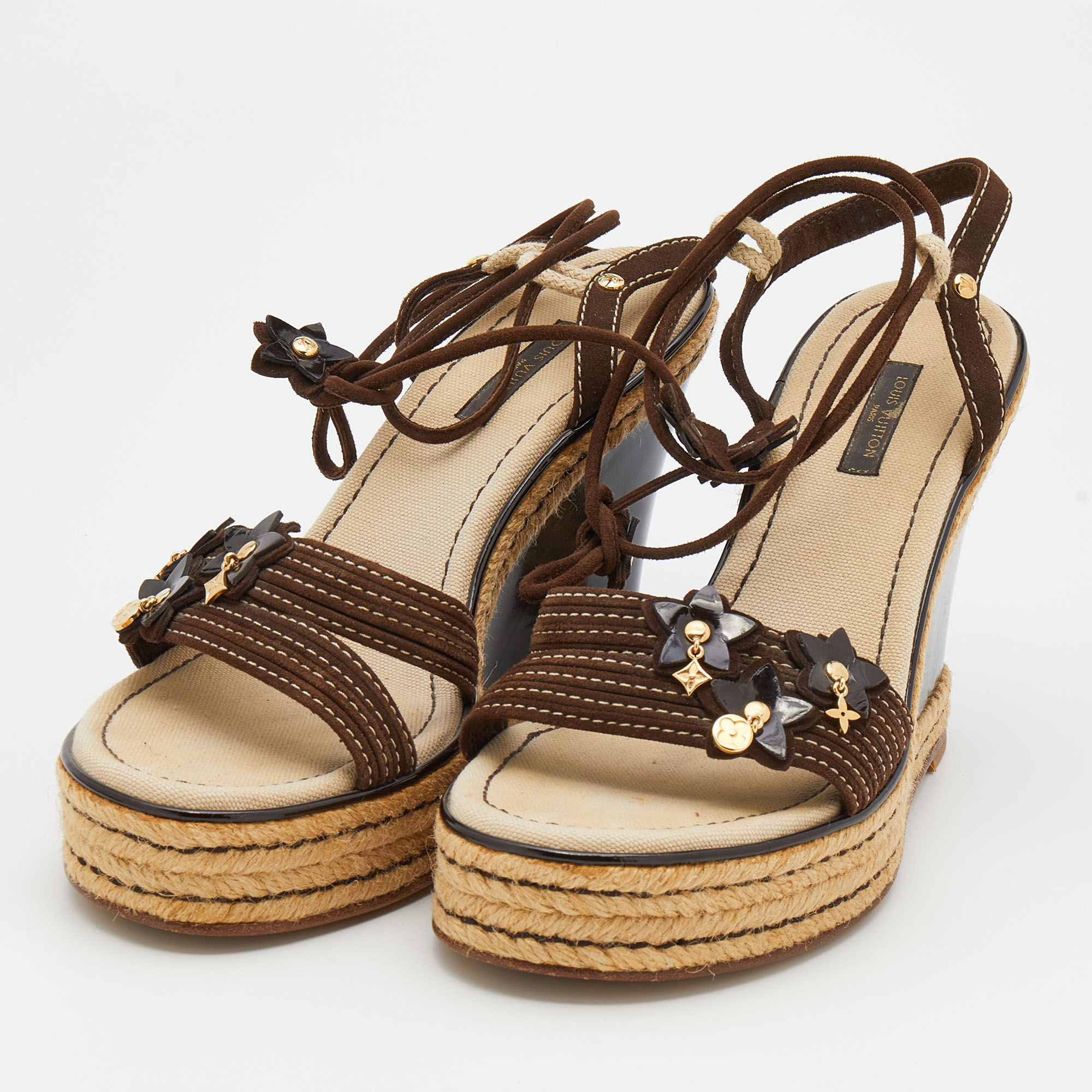 

Louis Vuitton Brown Suede Embellished Wedge Espadrille Ankle Wrap Sandals Size