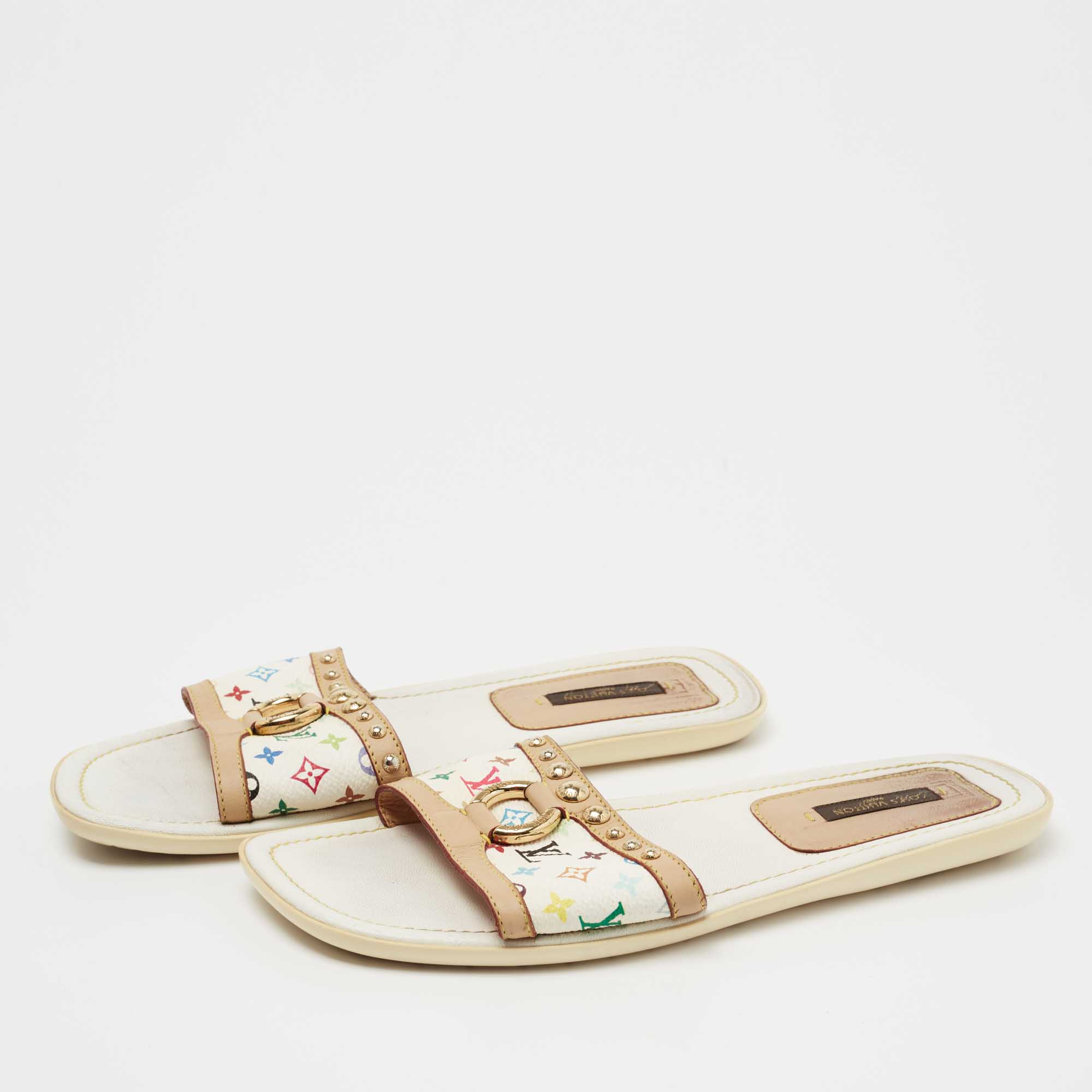 

Louis Vuitton Multicolore Monogram Canvas and Leather Studded Flat Slides Size 36.5, White