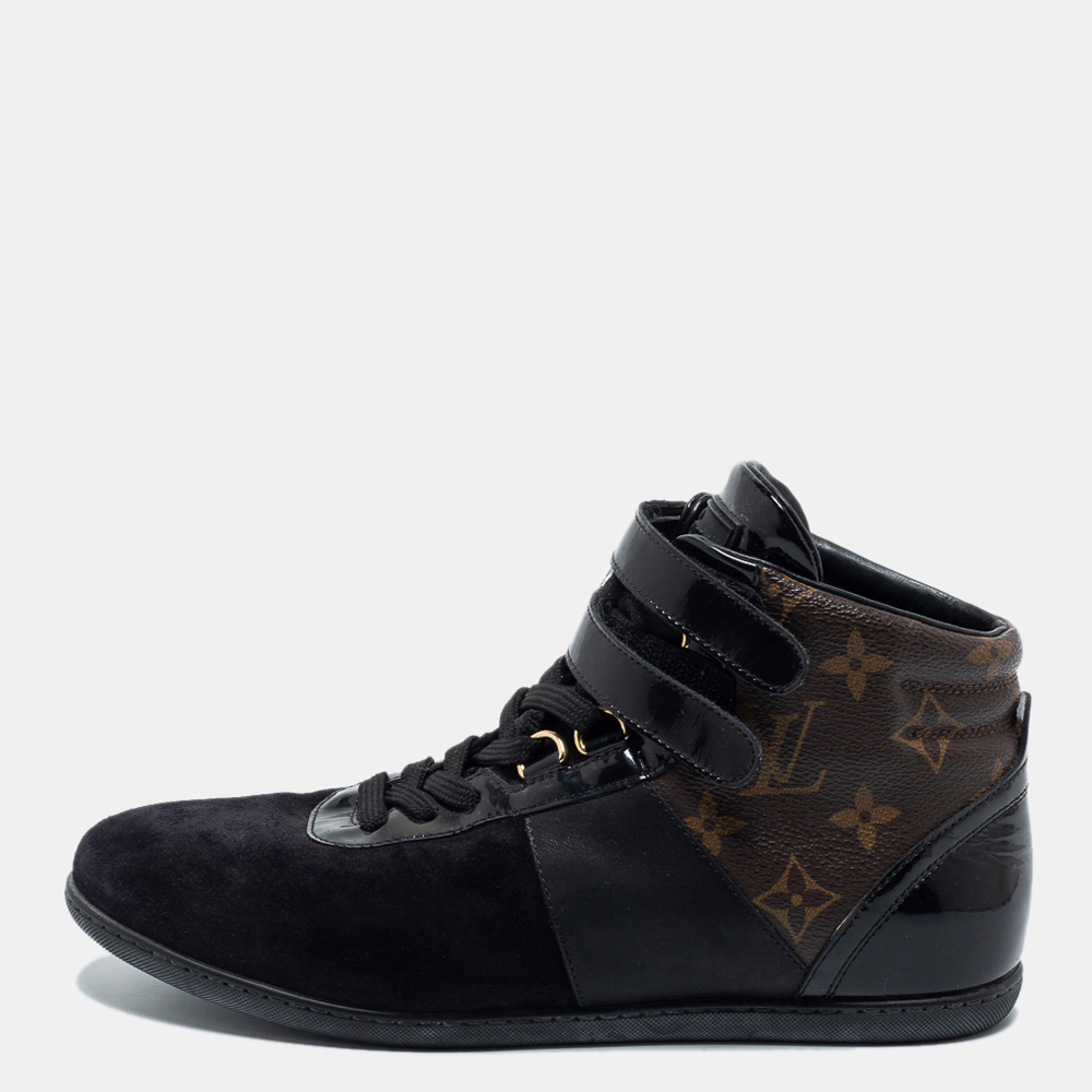 

Louis Vuitton Black Leather and Monogram Canvas High Top Sneakers Size
