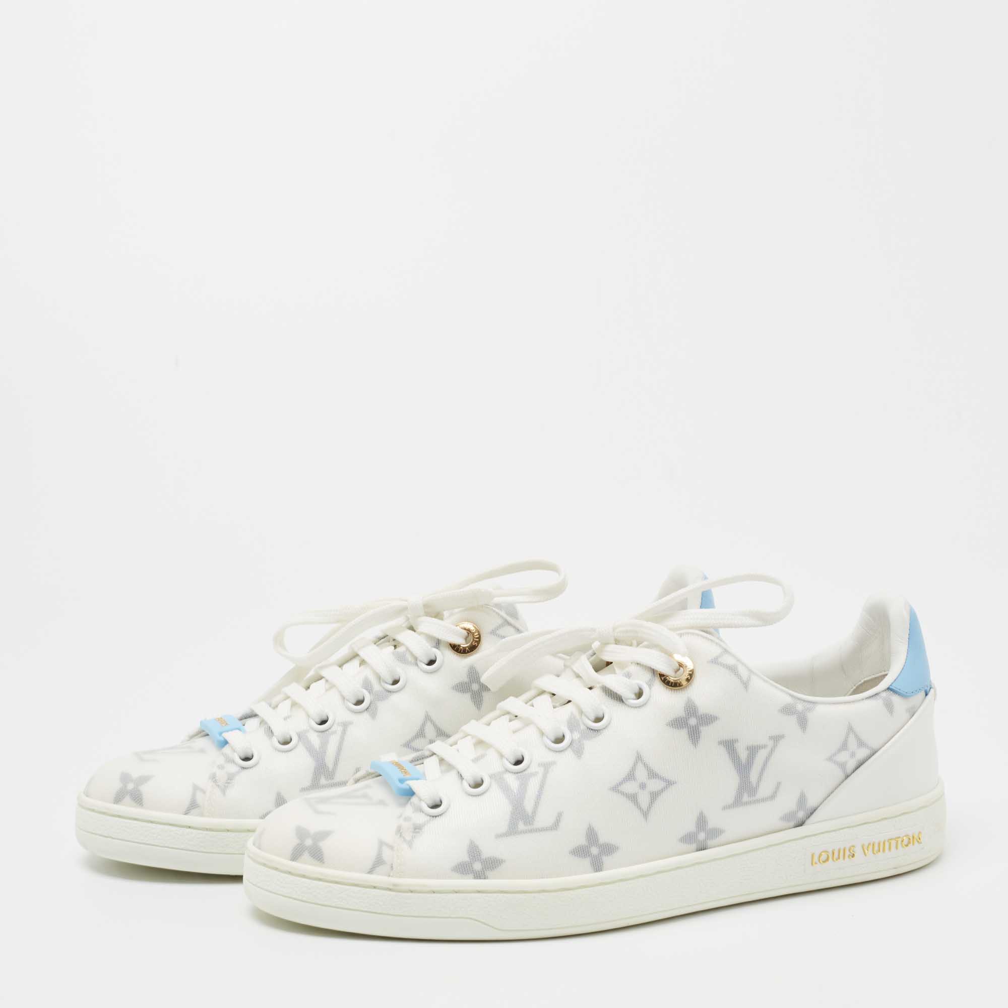 

Louis Vuitton White/Blue Monogram Mesh and Leather Match Up Sneakers Size, Tan
