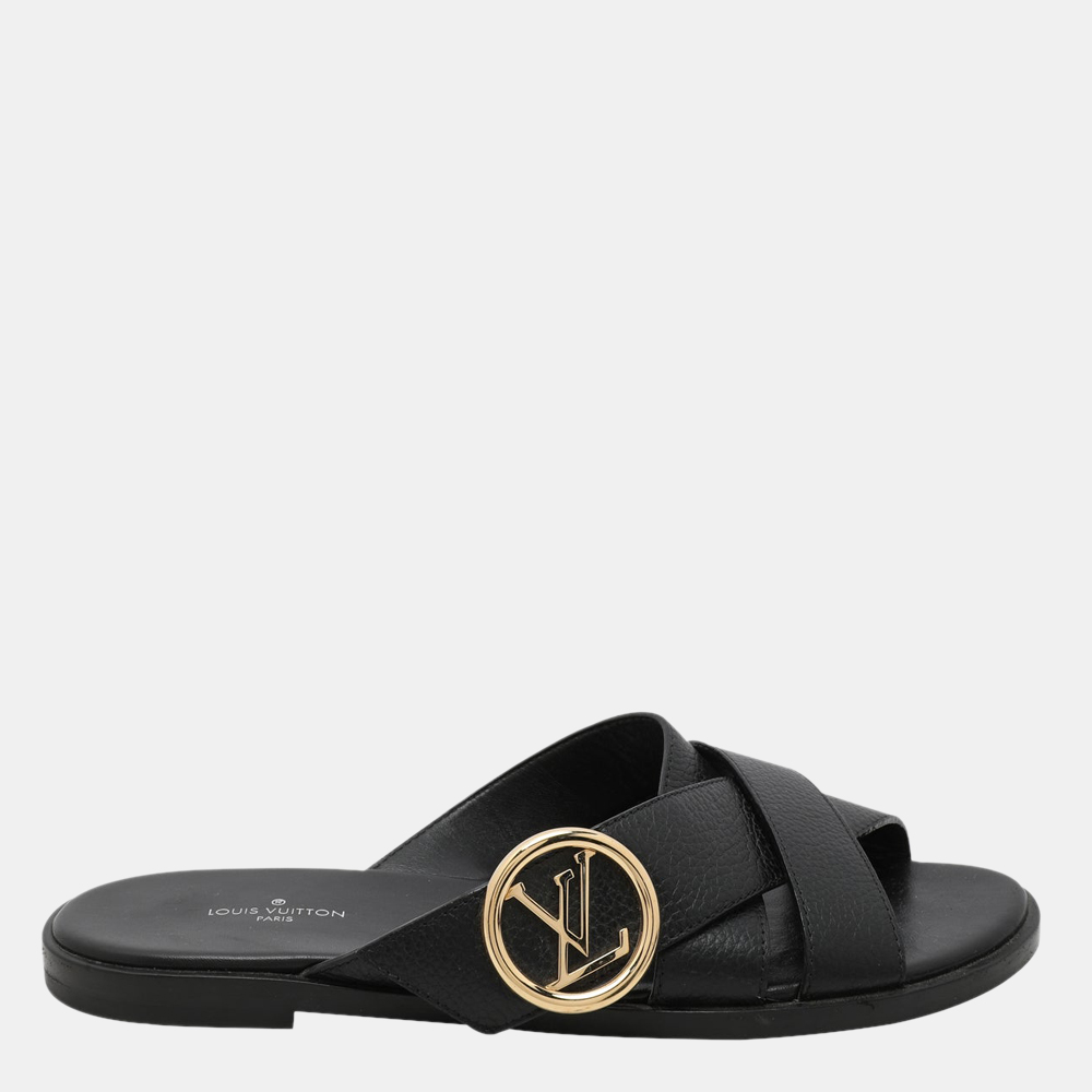 

Louis Vuitton Black Leather LV Logo Cross Strap Slides EU