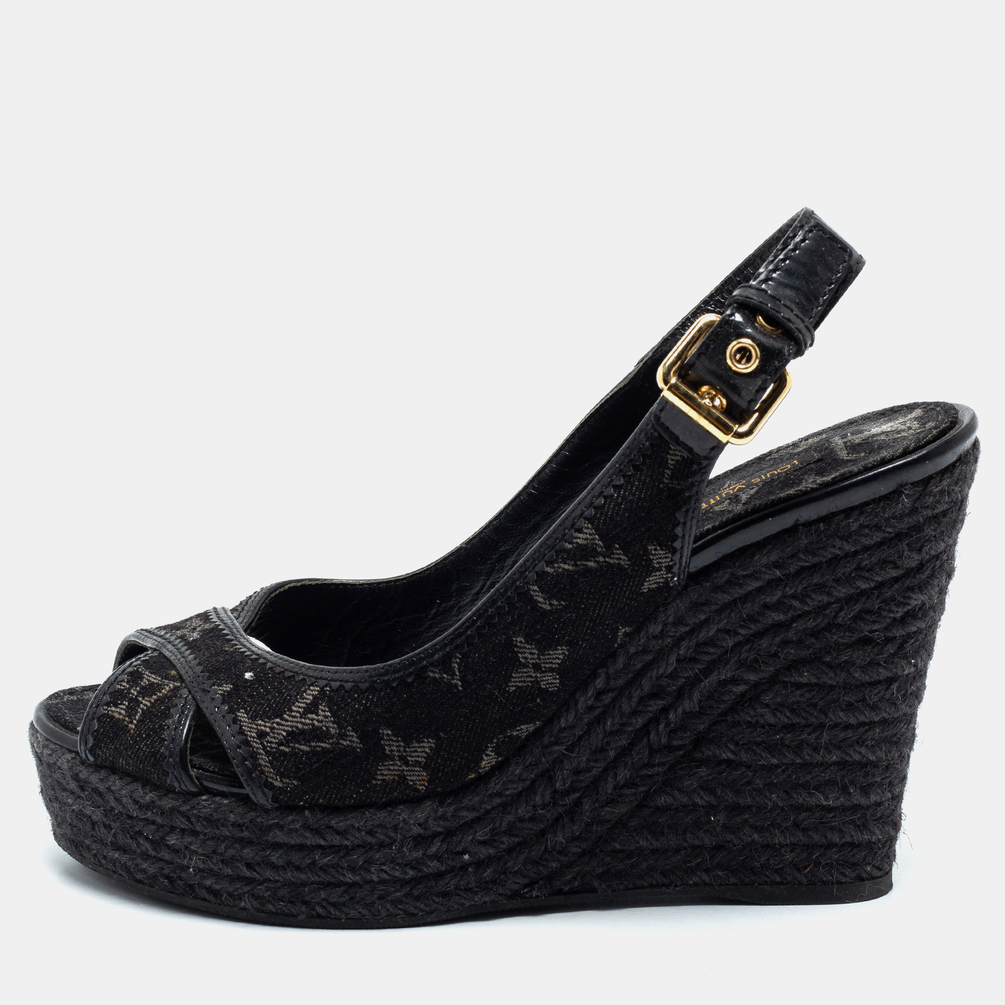 Louis Vuitton Black Monogram Denim Bastille Espadrilles Slingback Wedge  Sandals Size 38.5 Louis Vuitton