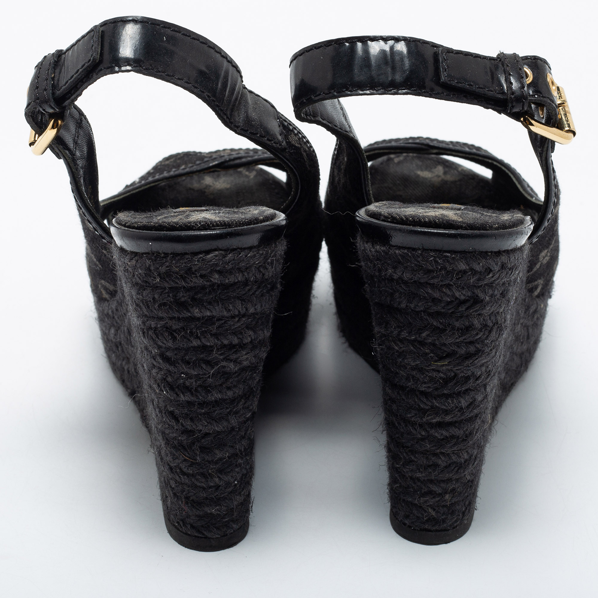 Louis Vuitton Denim Fabric And Patent Leather Monogram Bastille Espadrilles  Slingback Wedge Sandals Size 40 Louis Vuitton