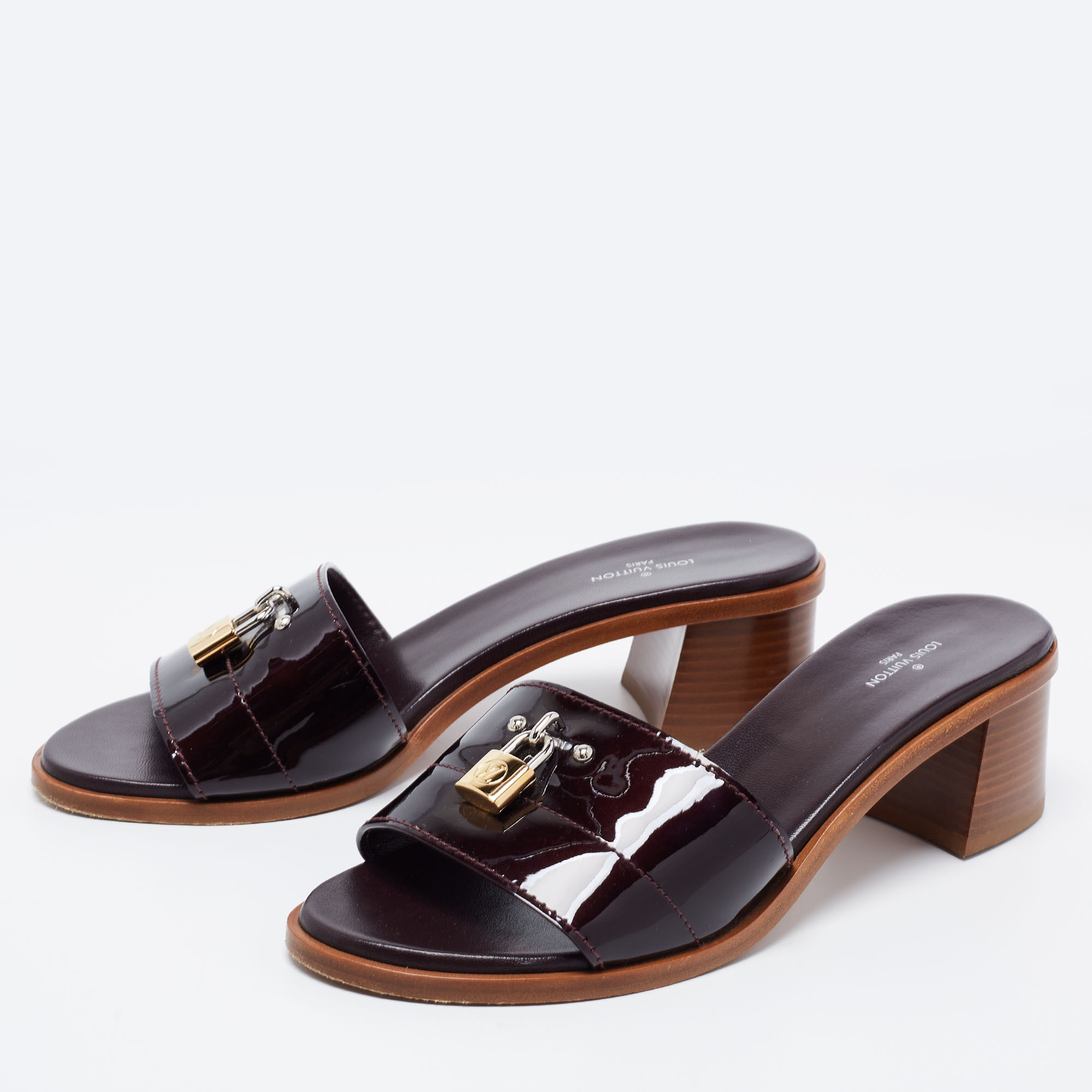 

Louis Vuitton Burgundy Patent Leather Lockit Block Heel Slide Sandals Size