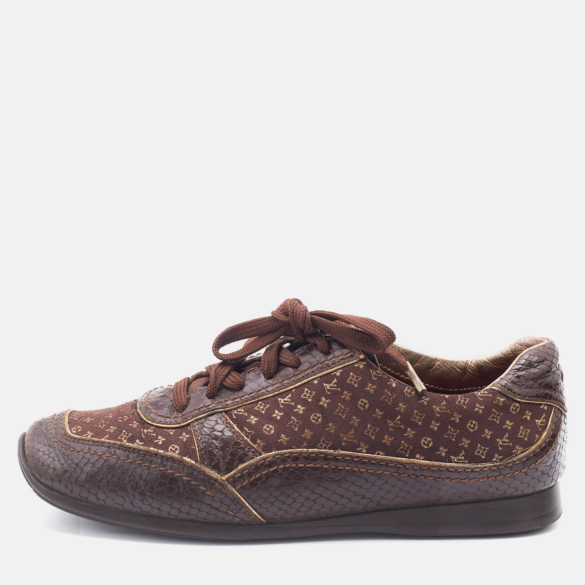 Pre-owned Louis Vuitton Brown Monogram Fabric And Python Embossed Leather Low Top Sneakers Size 37