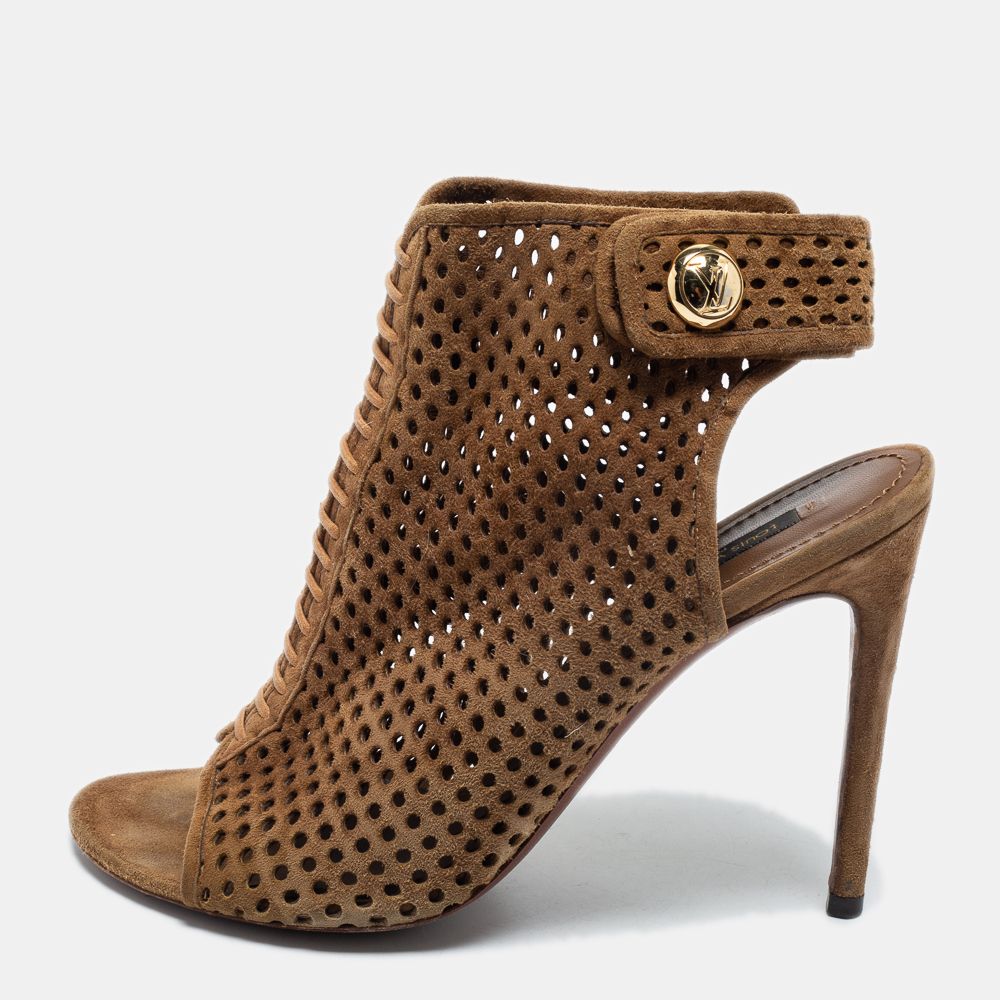 Pre-owned Louis Vuitton Brown Perforated Suede Open Toe Ankle Booties Size 39