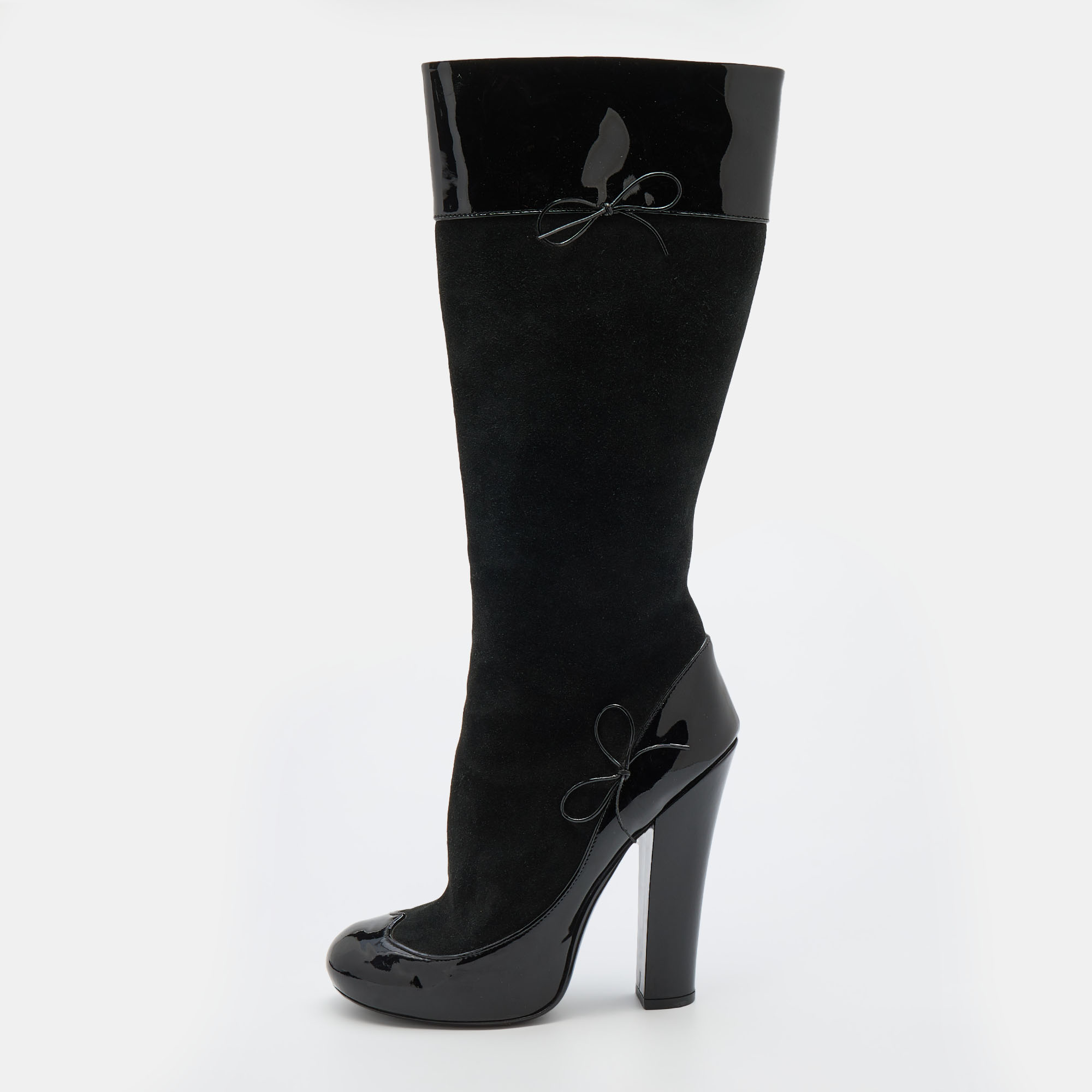 Pre-owned Louis Vuitton Black Suede And Patent Leather Knee Length Boots Size 38.5