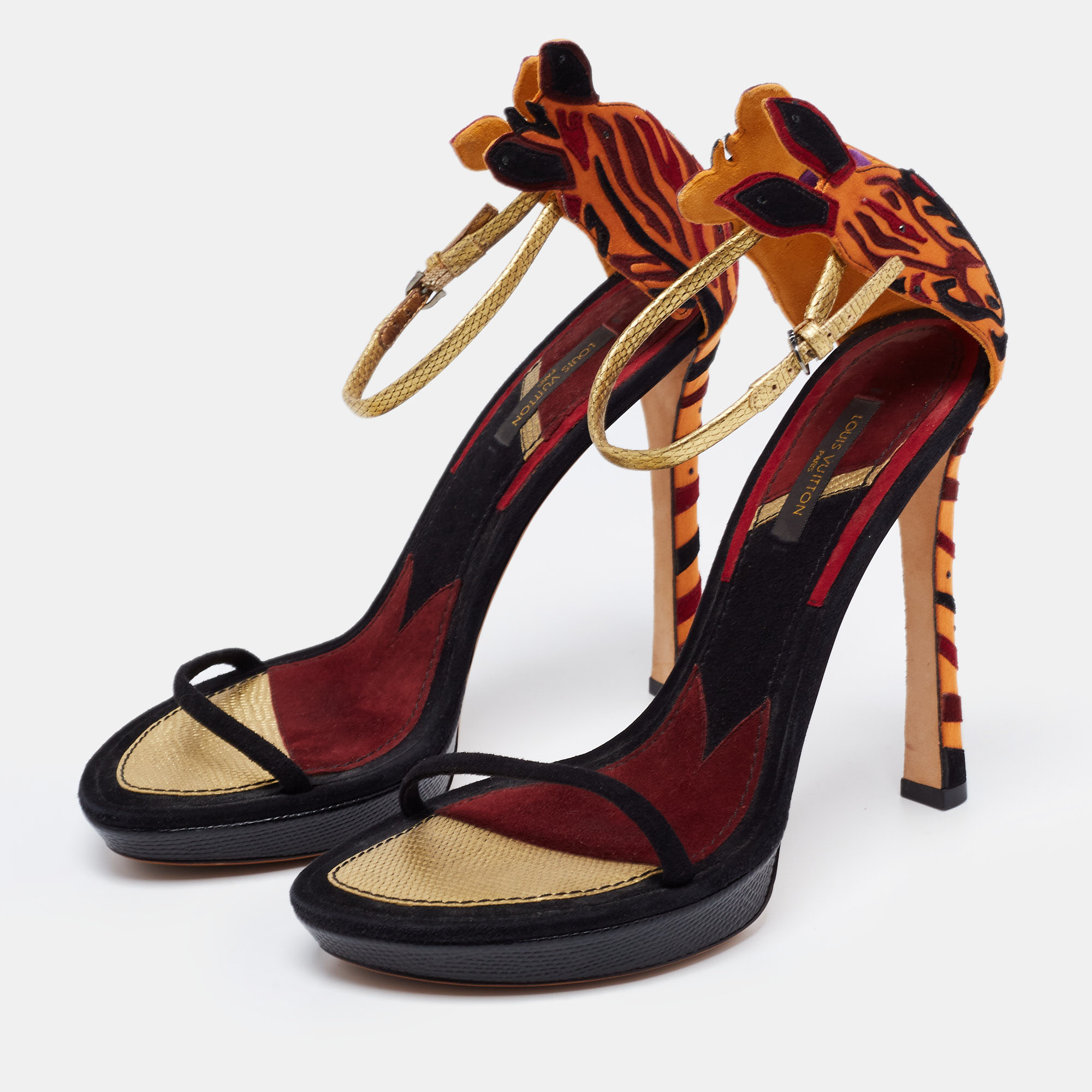 

Louis Vuitton Multicolor Satin and Suede Platform Ankle Strap Sandals Size