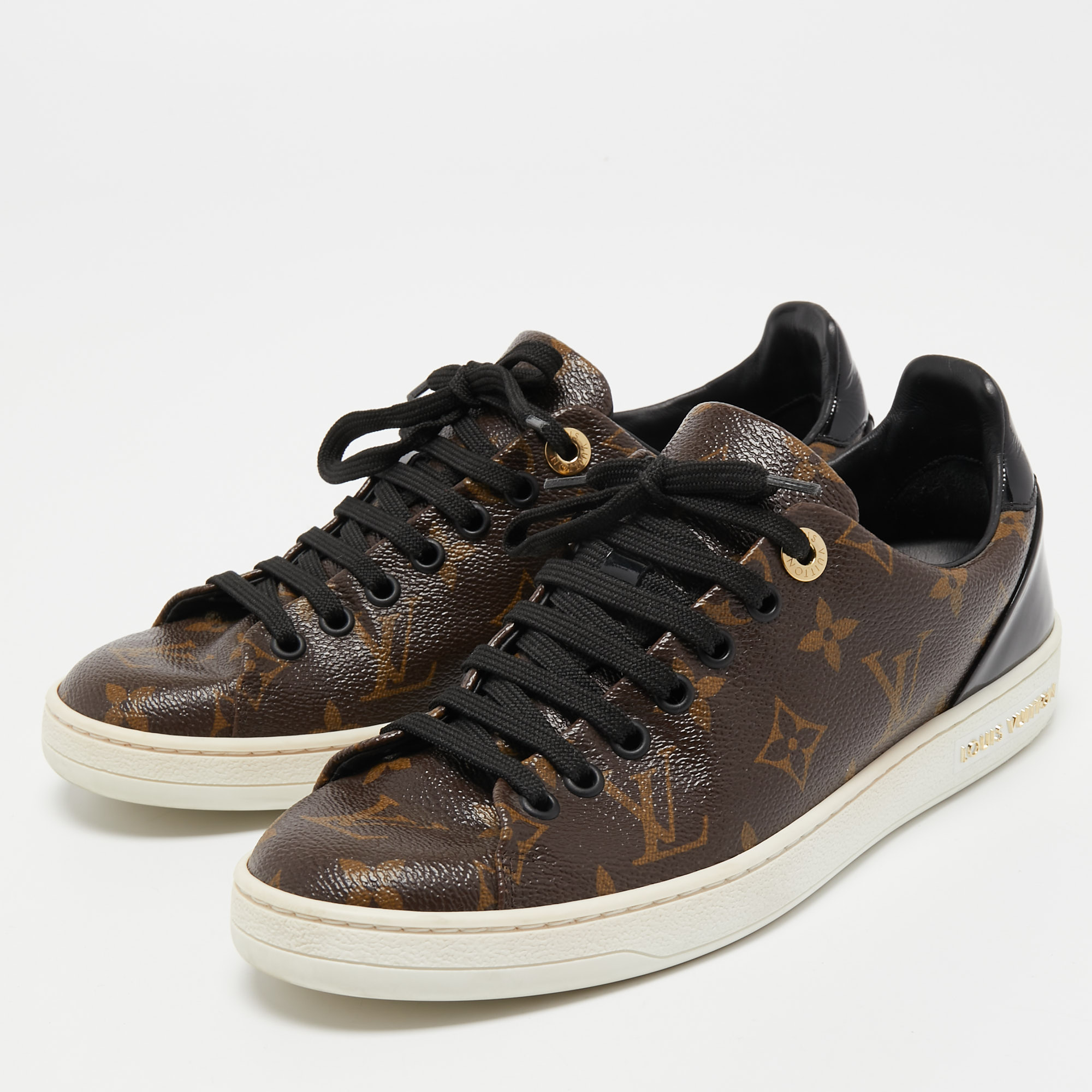 

Louis Vuitton Brown/Black Monogram Canvas and Patent Leather Frontrow Low Top Sneakers Size