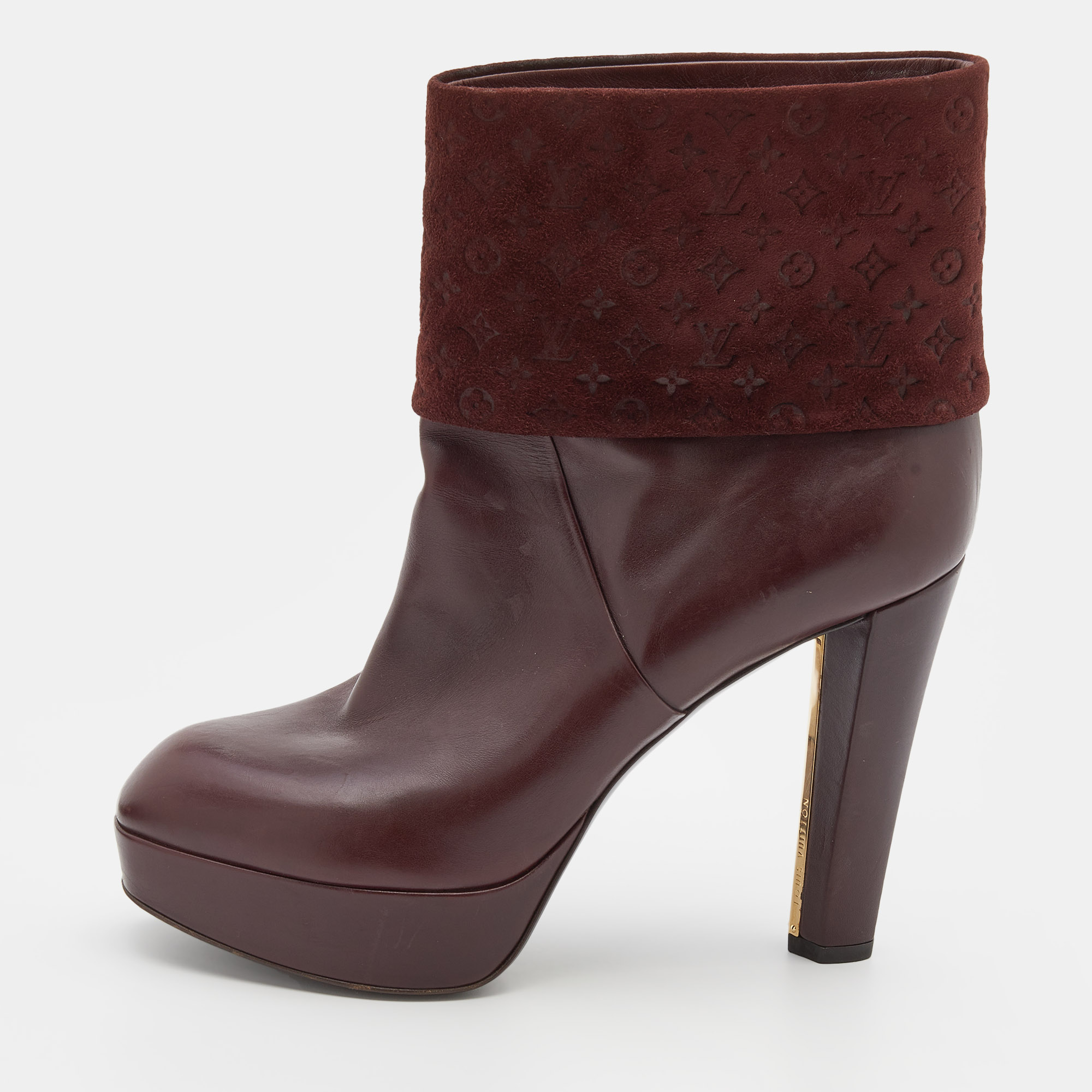 Pre-owned Louis Vuitton Burgundy Monogram Embossed Suede And Leather Platform Ankle Length Boots Size 38