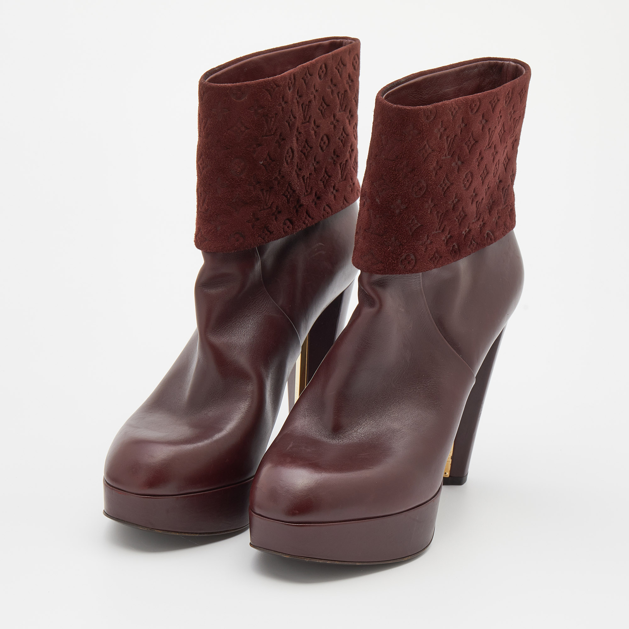 

Louis Vuitton Burgundy Monogram Embossed Suede and Leather Platform Ankle Length Boots Size