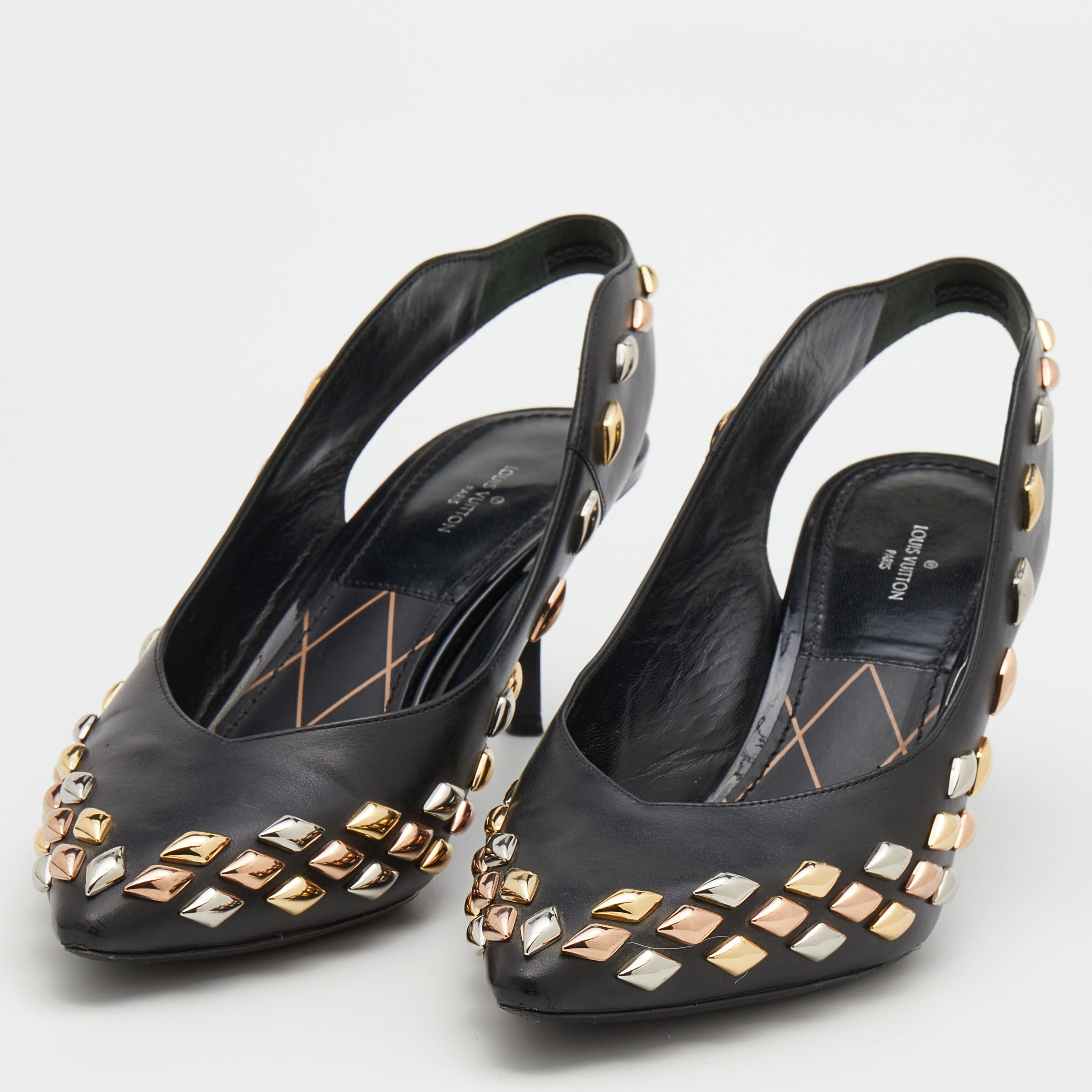 

Louis Vuitton Black Leather Embellished Slingback Pumps Size