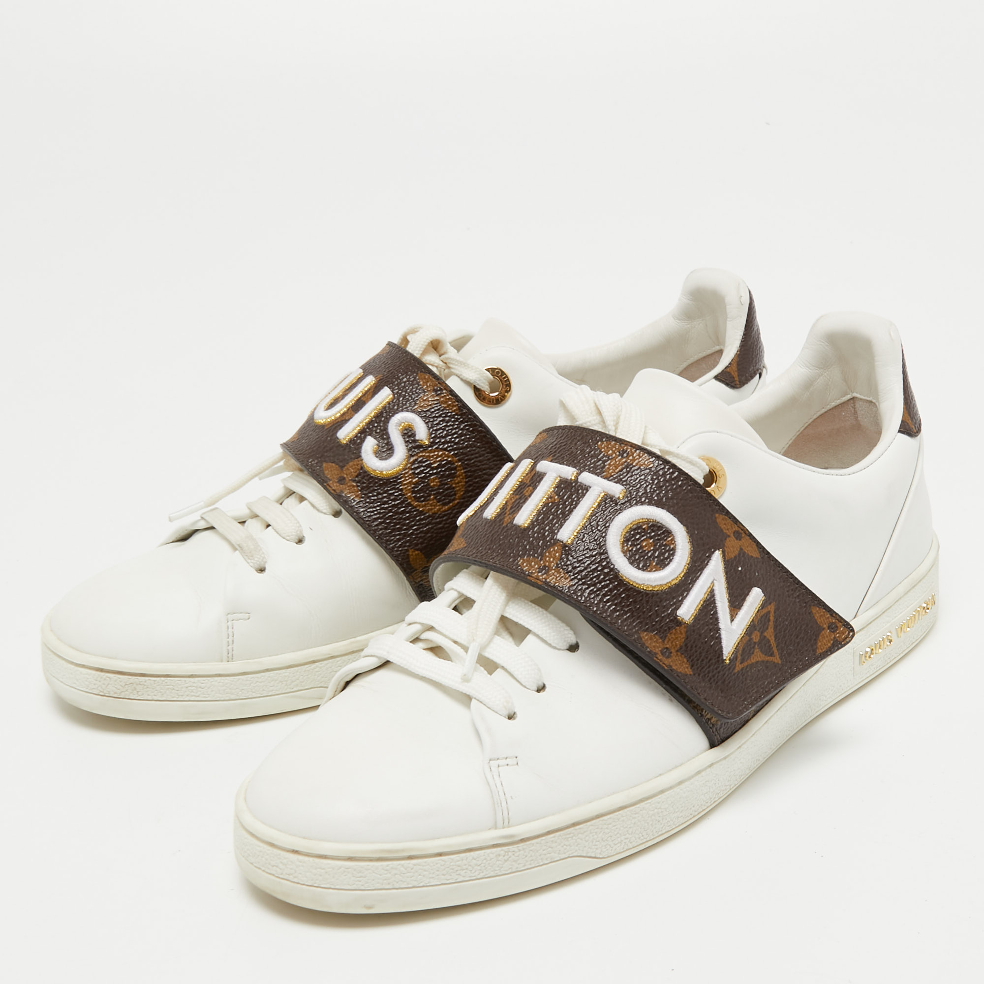 

Louis Vuitton White Leather and Monogram Canvas Logo Strap Frontrow Sneakers Size