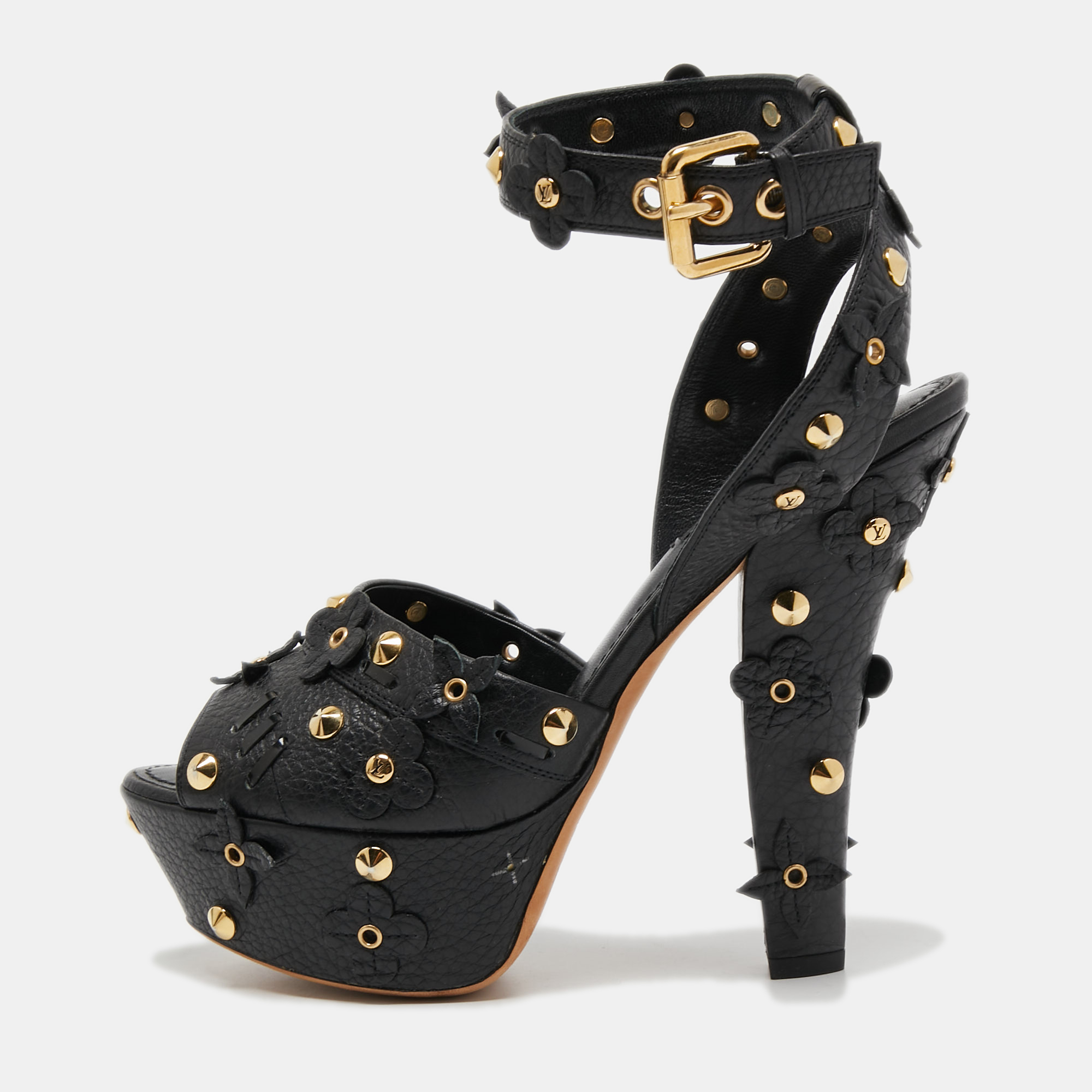 Pre Owned Louis Vuitton Black Leather Studded Flower Platform Ankle Strap Sandals Size 37.5