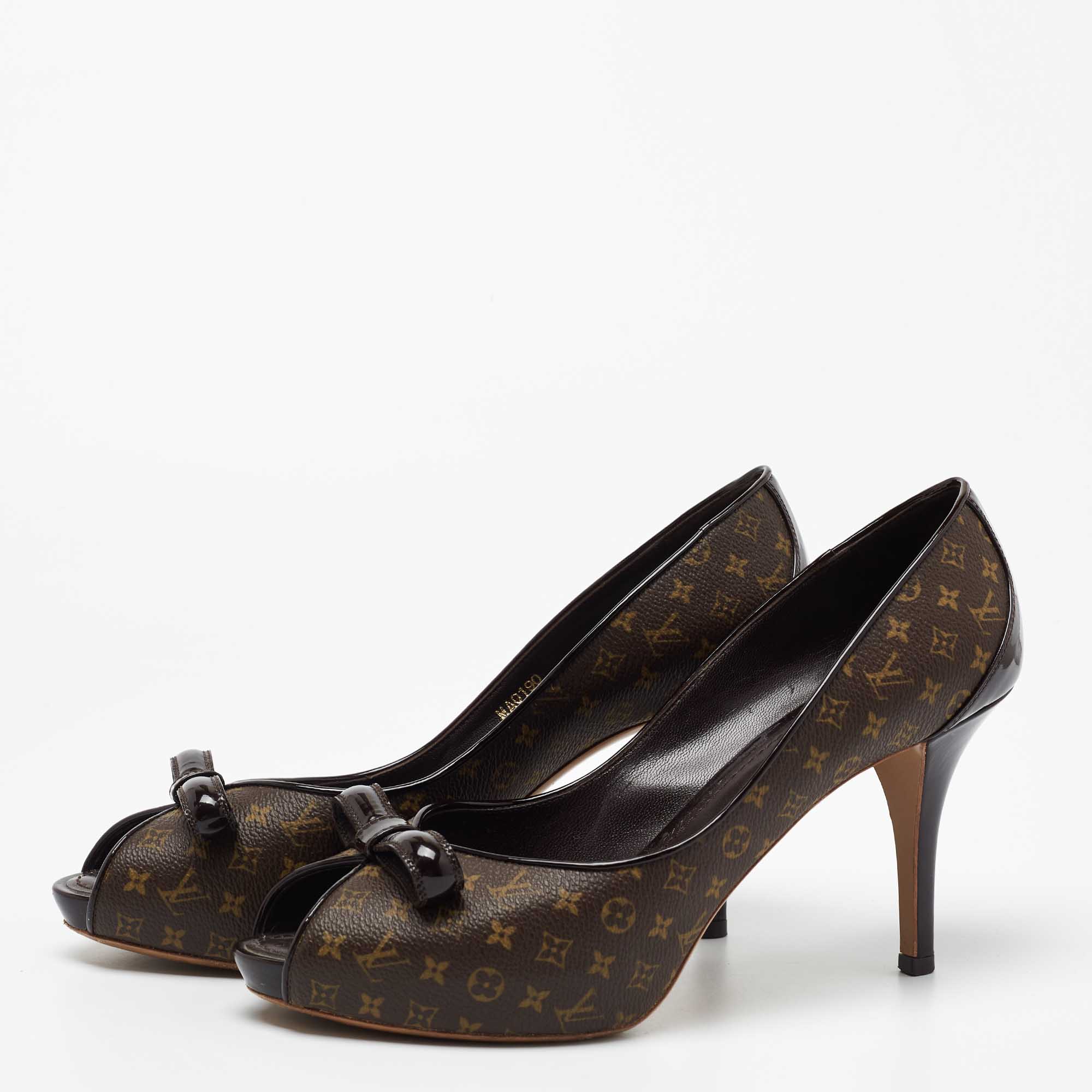 

Louis Vuitton Brown Monogram Canvas and Patent Leather Bow Peep Toe Pumps Size