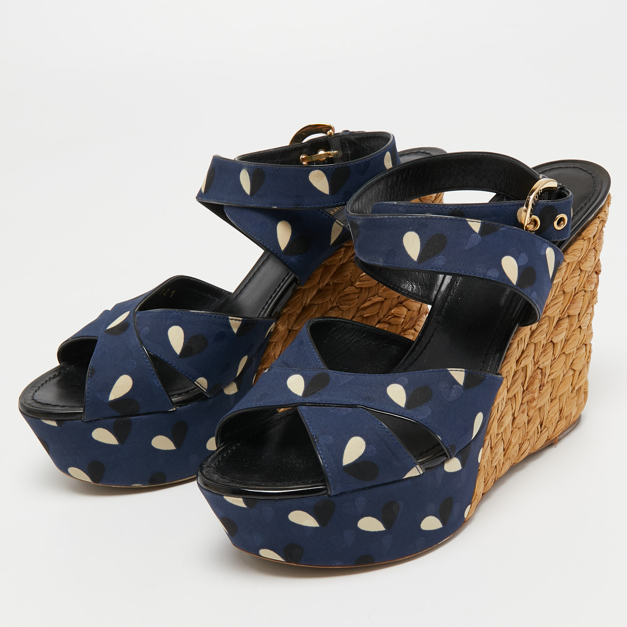 

Louis Vuitton Navy Blue Fabric Wedge Ankle Strap Sandals Size