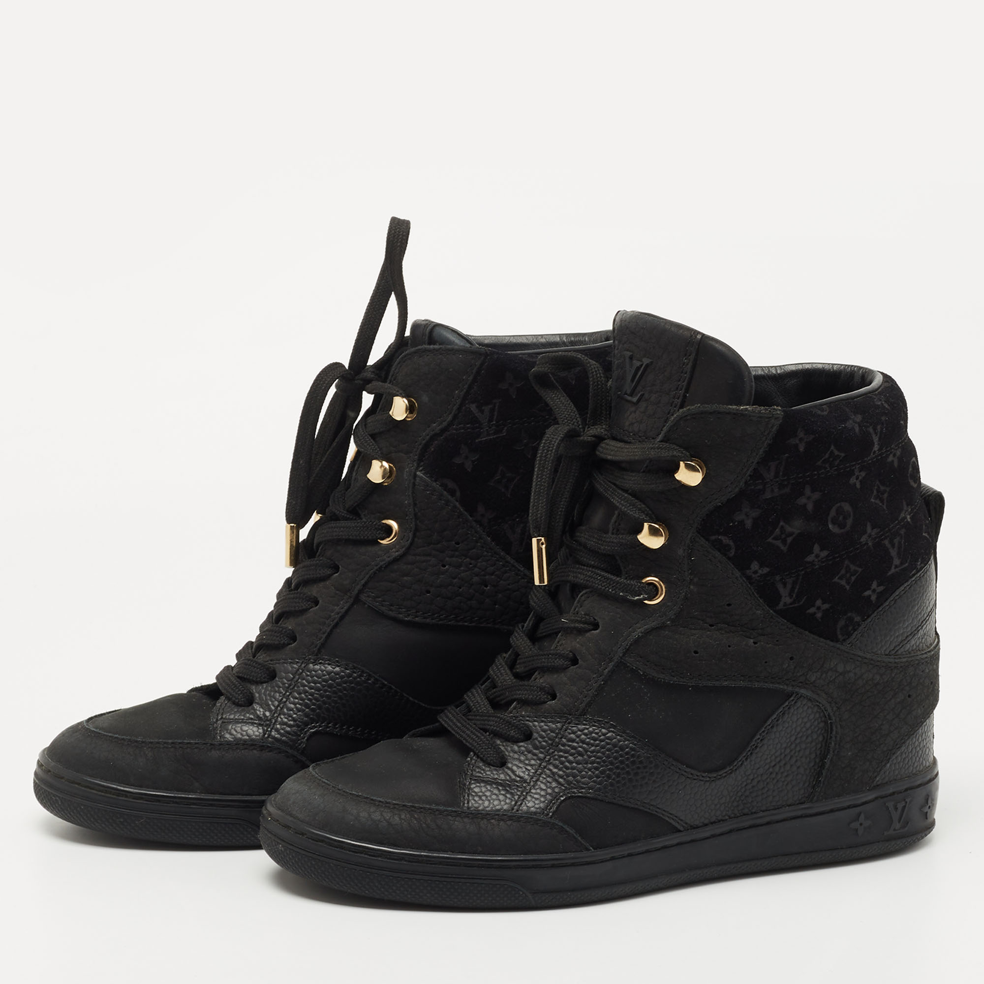 

Louis Vuitton Black Leather and Nubuck Wedge Sneakers Size