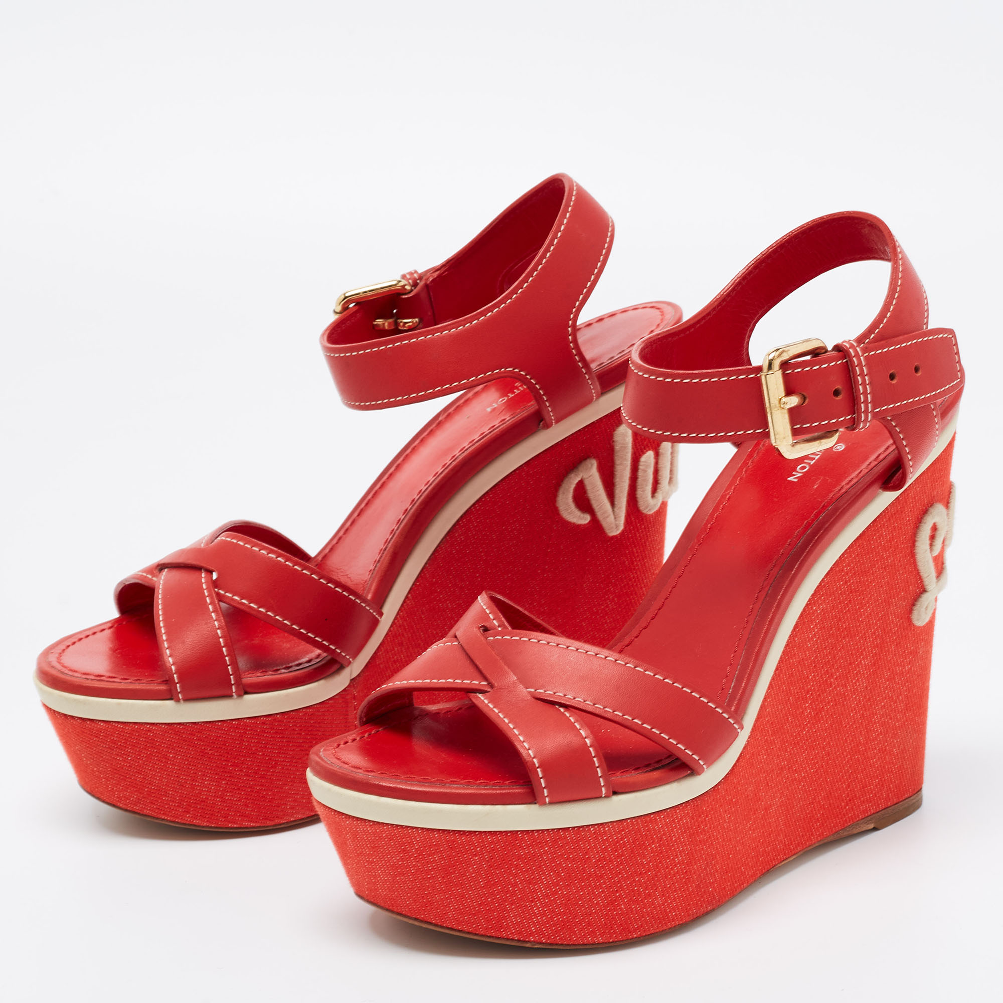 

Louis Vuitton Red Leather Platform Ankle Strap Sandals Size