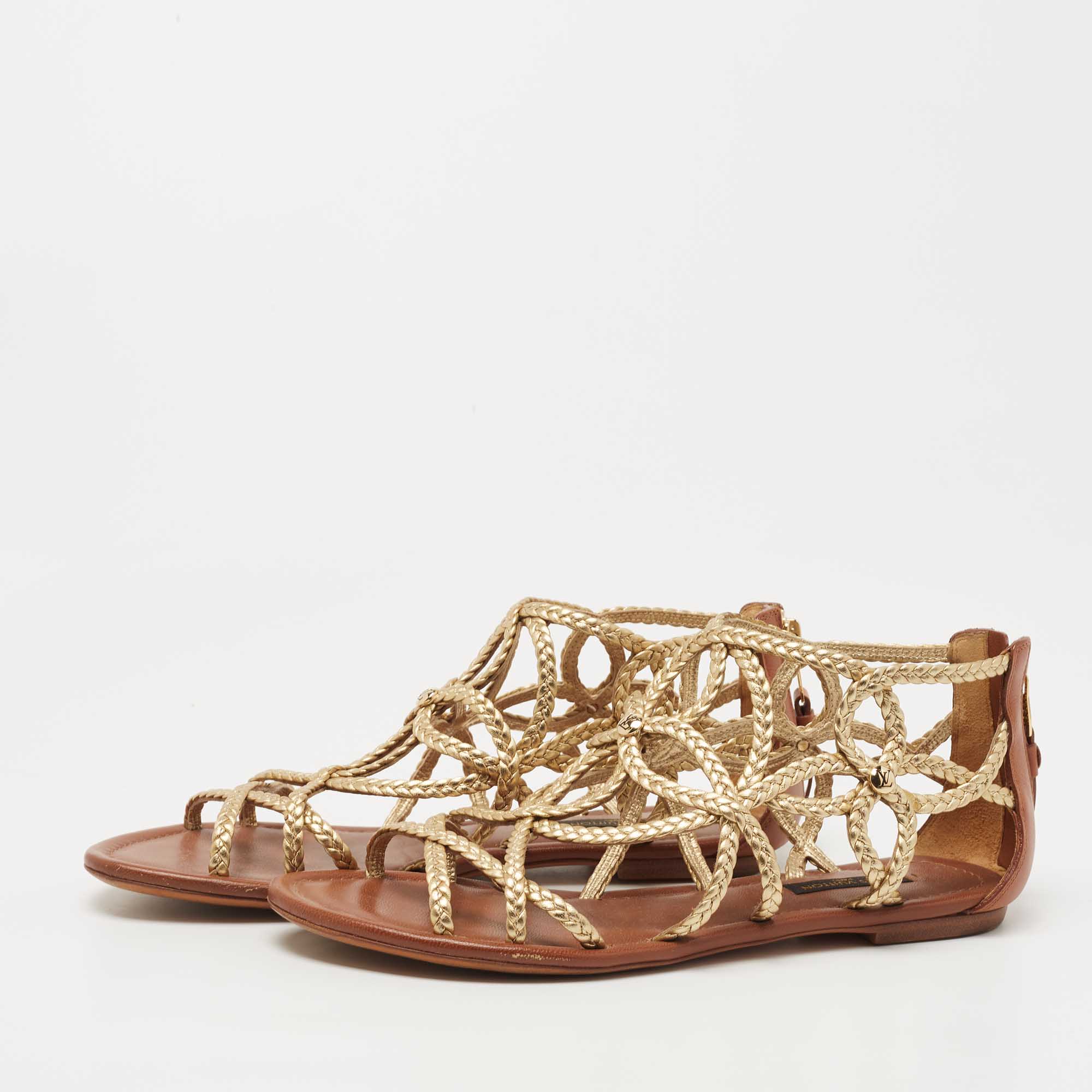 

Louis Vuitton Gold/Brown Leather Strappy Flat Sandals Size