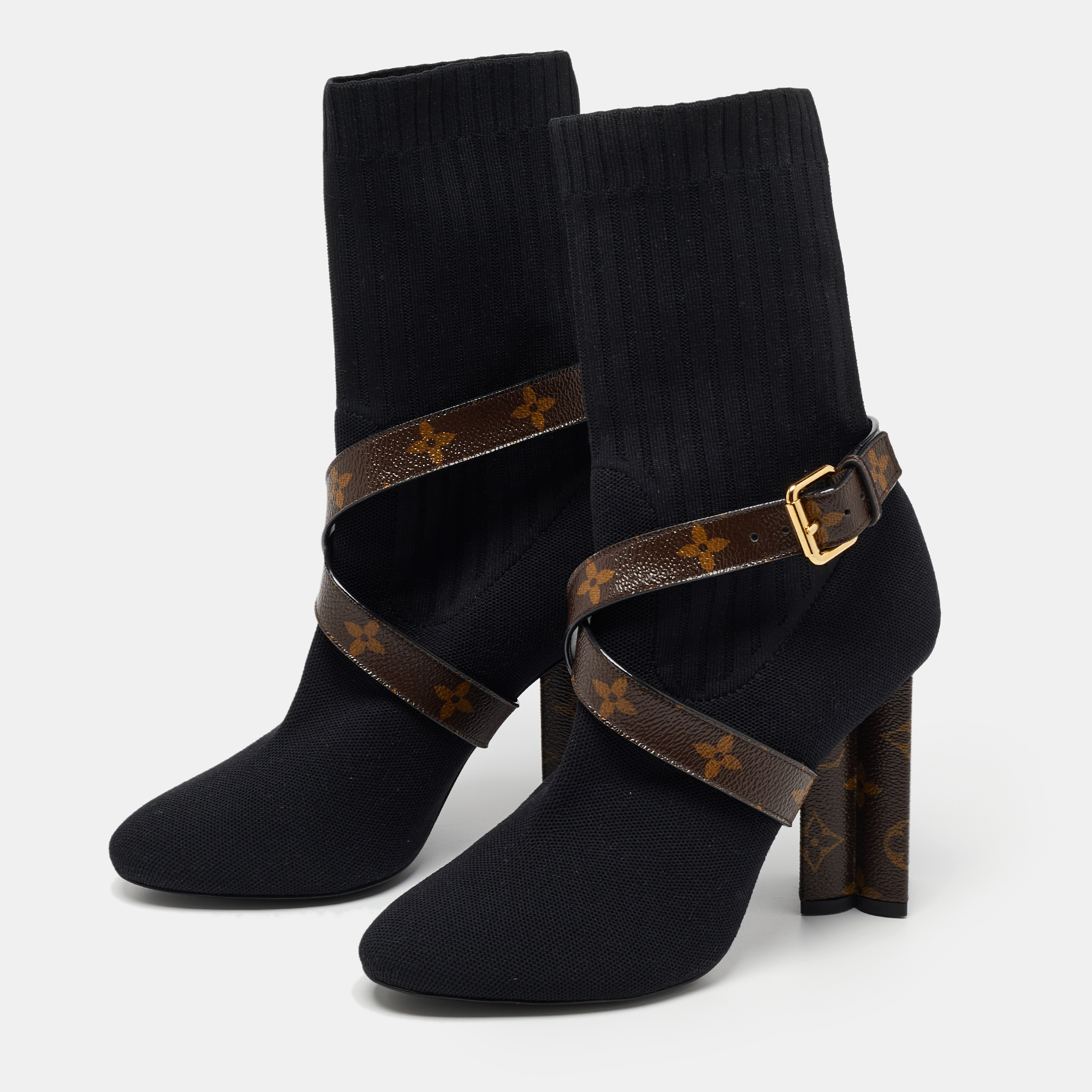 

Louis Vuitton Black/Brown Knit Fabric And Monogram Canvas Ankle Boots Size