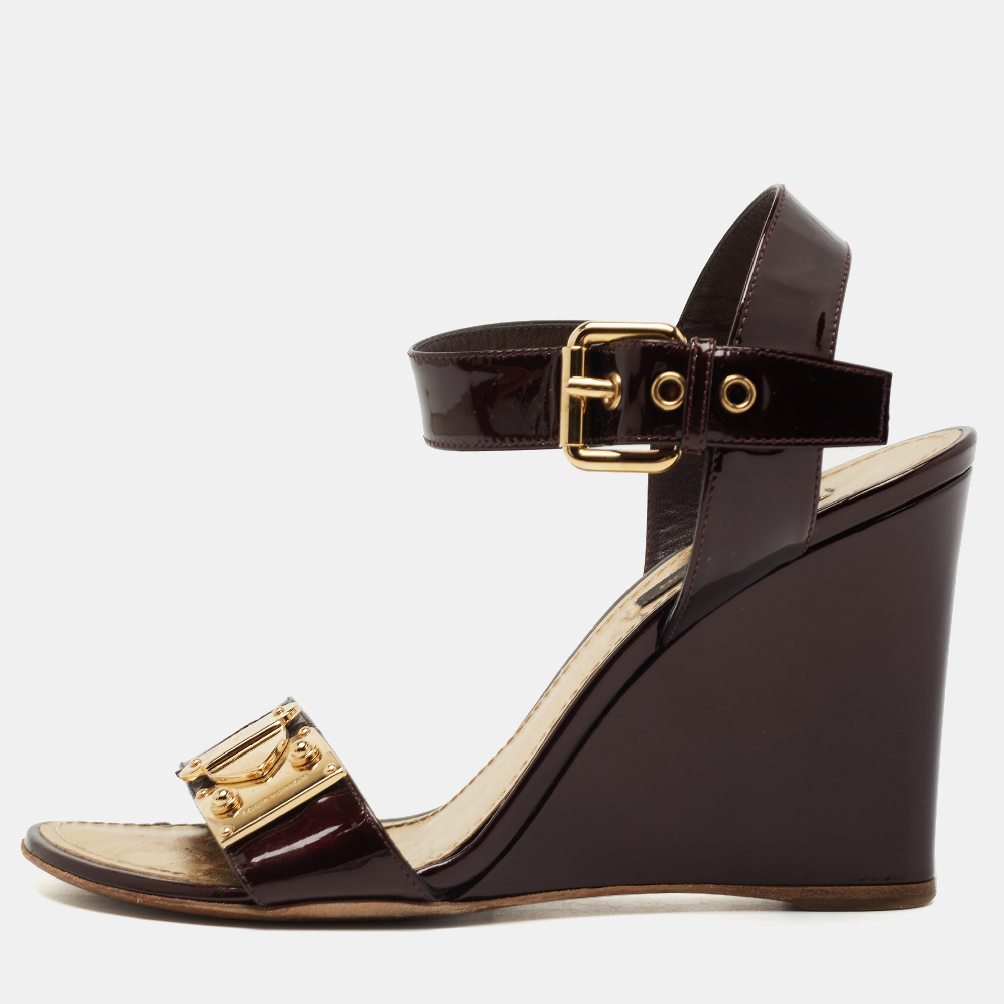 Louis Vuitton Brown Patent and Canvas Wedge Ankle Strap Sandals