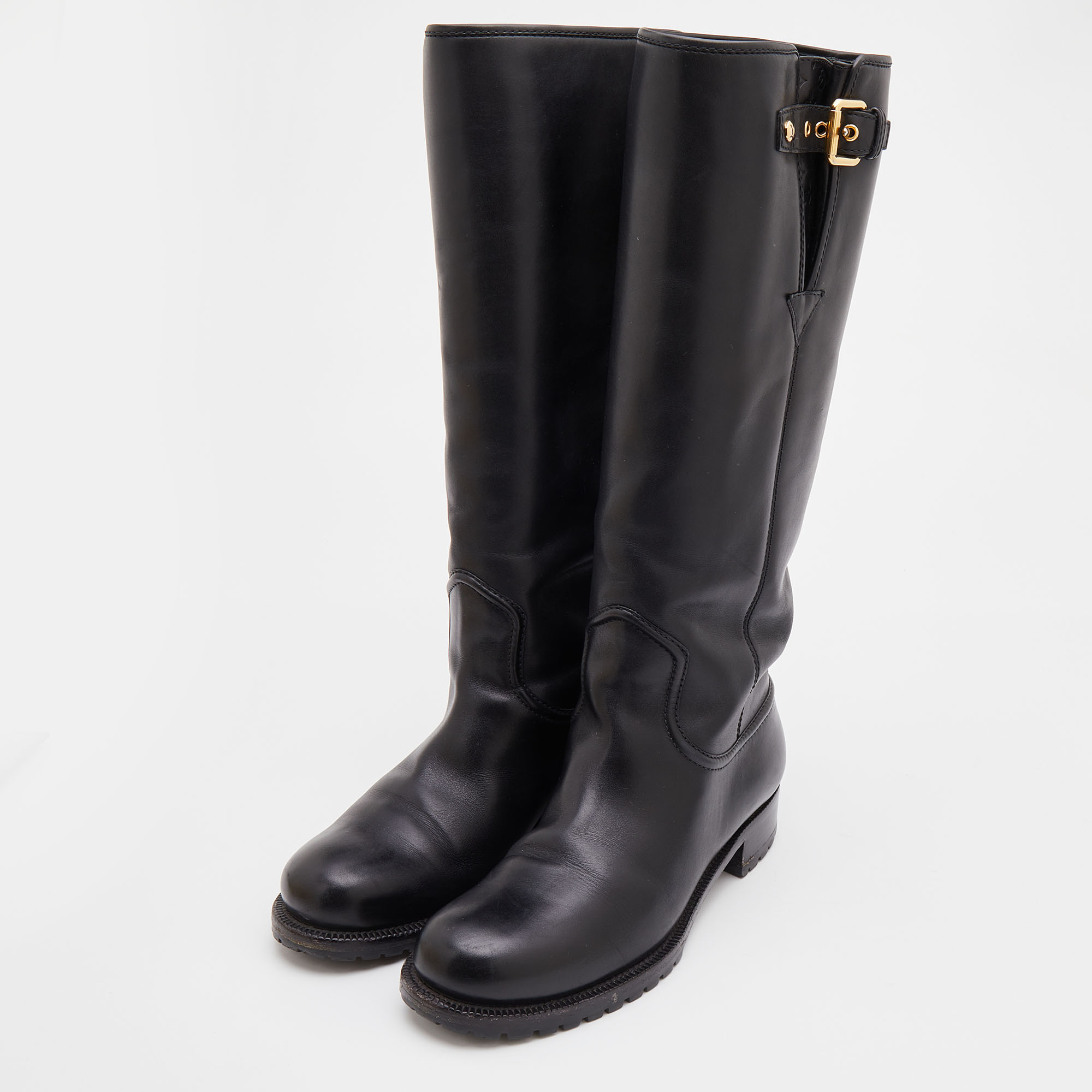 

Louis Vuitton Black Leather Buckle Detail Calf Length Boots Size