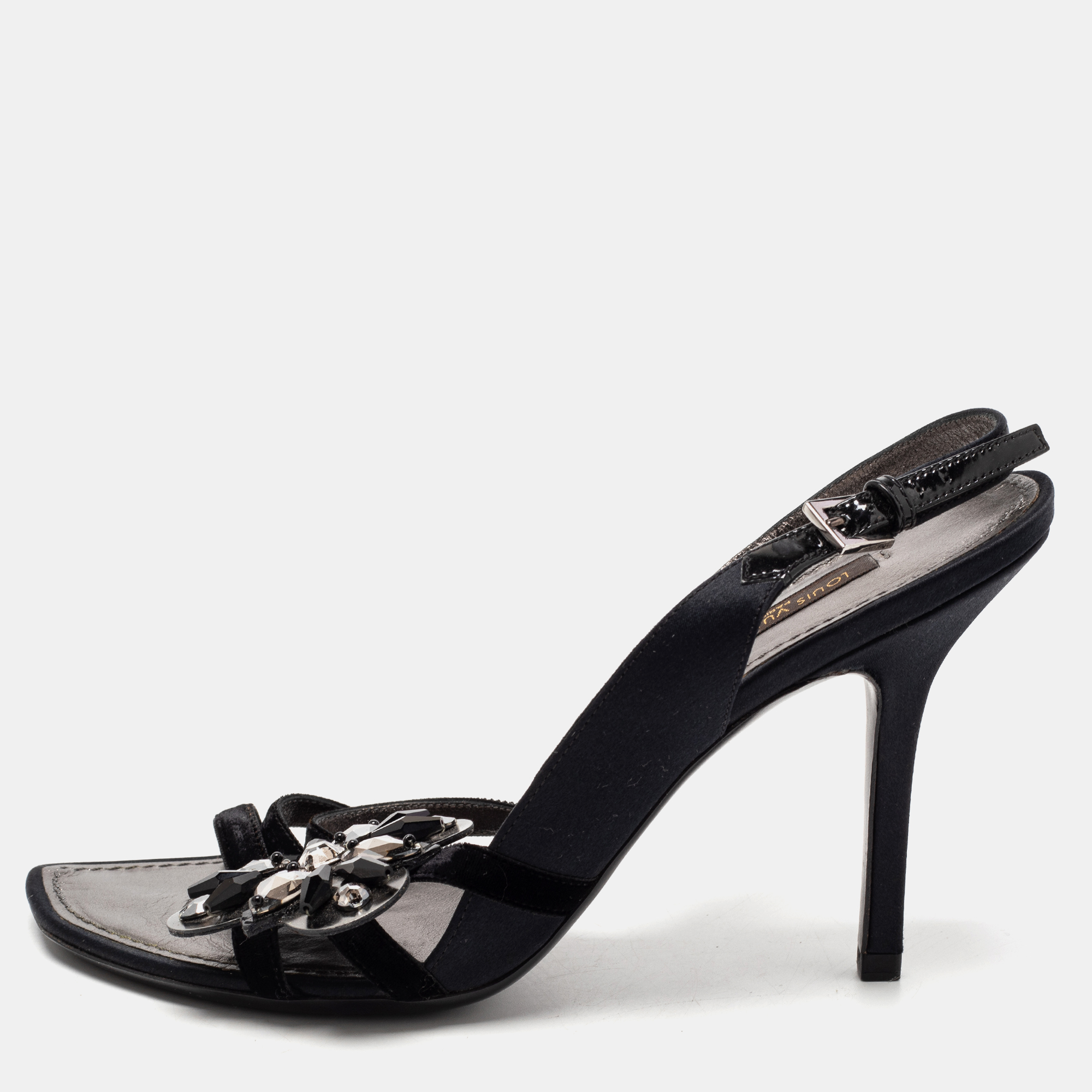 Pre-owned Louis Vuitton Black Satin And Velvet Crystal Embellished Slingback Sandals Size 36.5