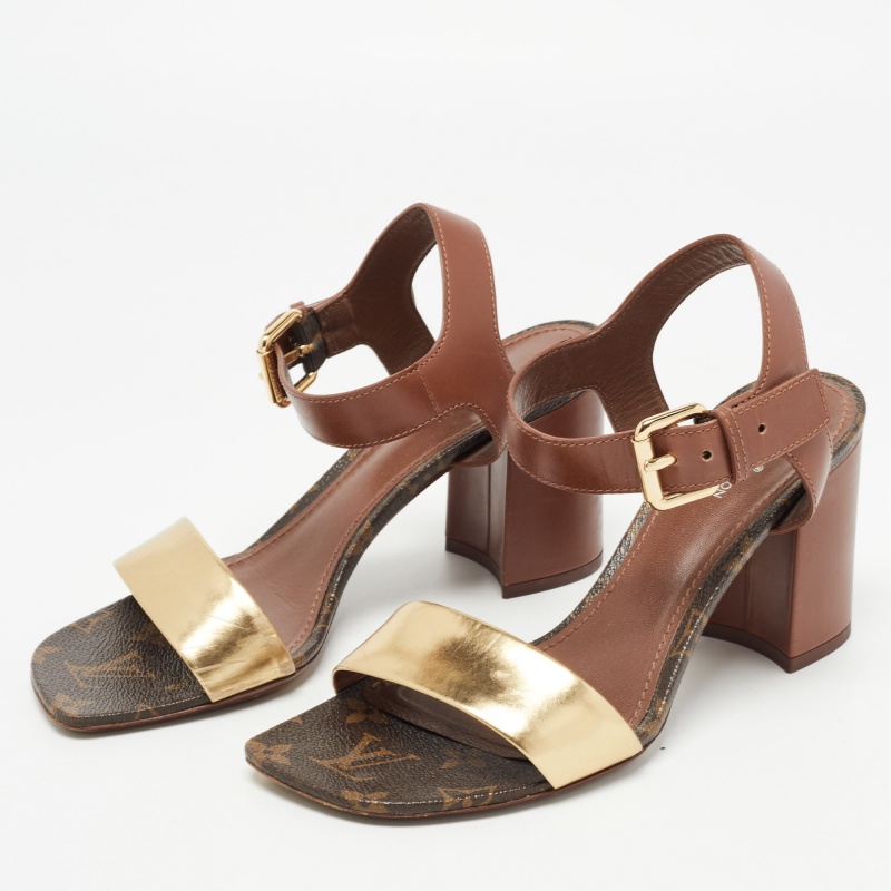 

Louis Vuitton Gold/Brown Leather Bloom Ankle Strap Sandals Size