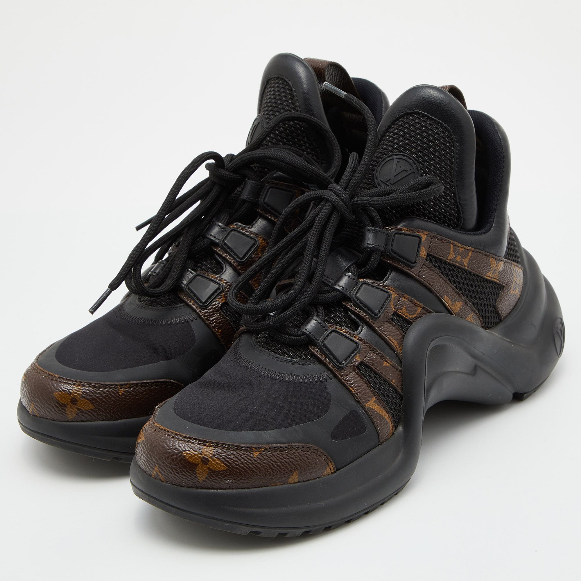 

Louis Vuitton Black/Brown Neoprene/Leather and Monogram Canvas Archlight Sneakers Size