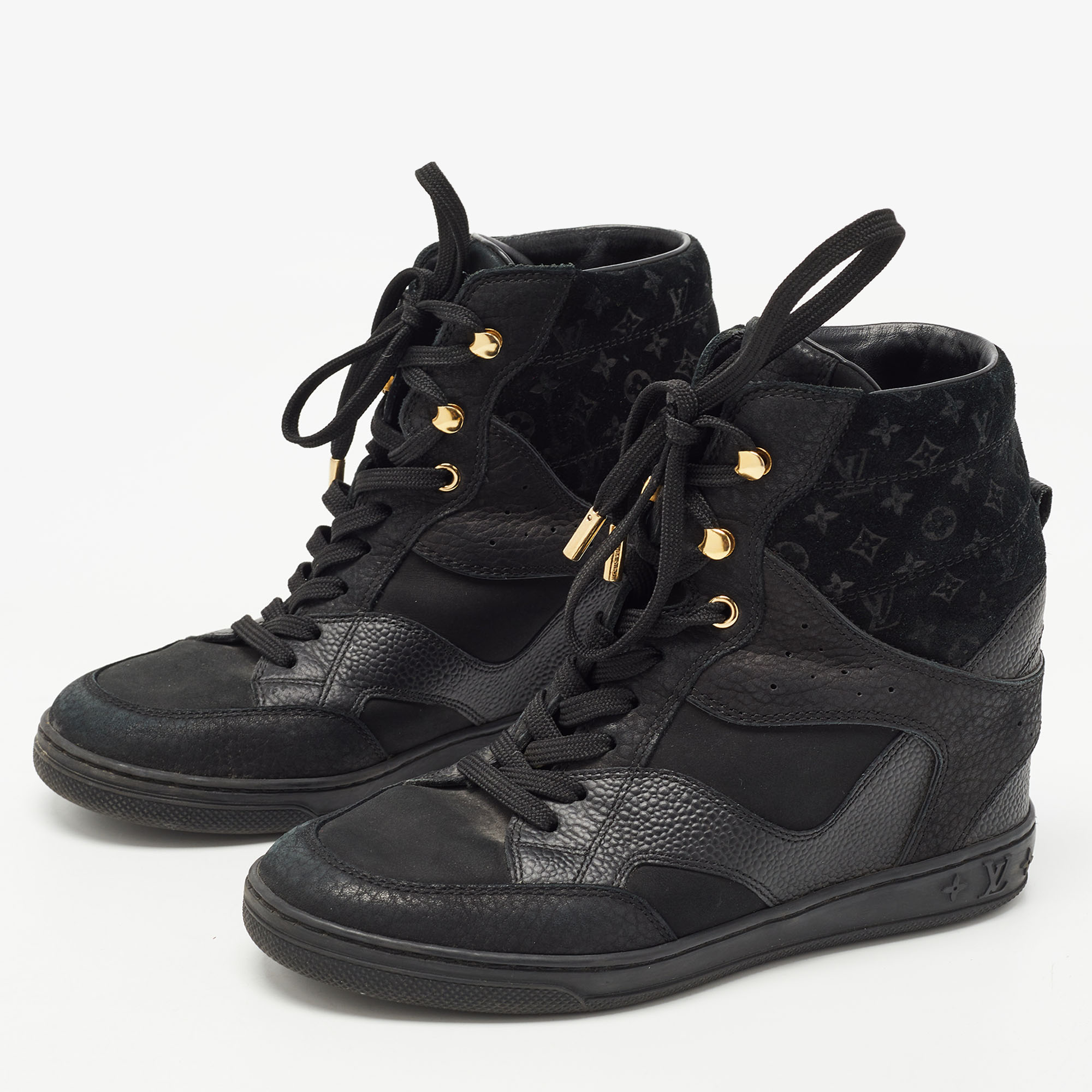 

Louis Vuitton Black Leather and Monogram Suede Cliff High Top Sneakers Size