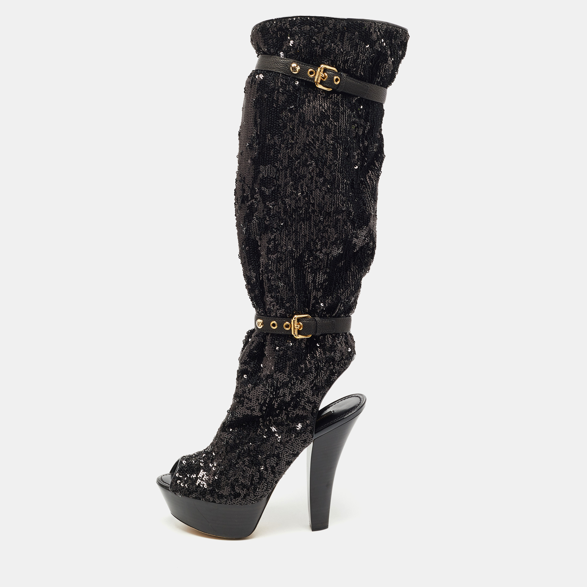 Pre-owned Louis Vuitton Black Sequins Platform Knee Length Boots Size 37.5