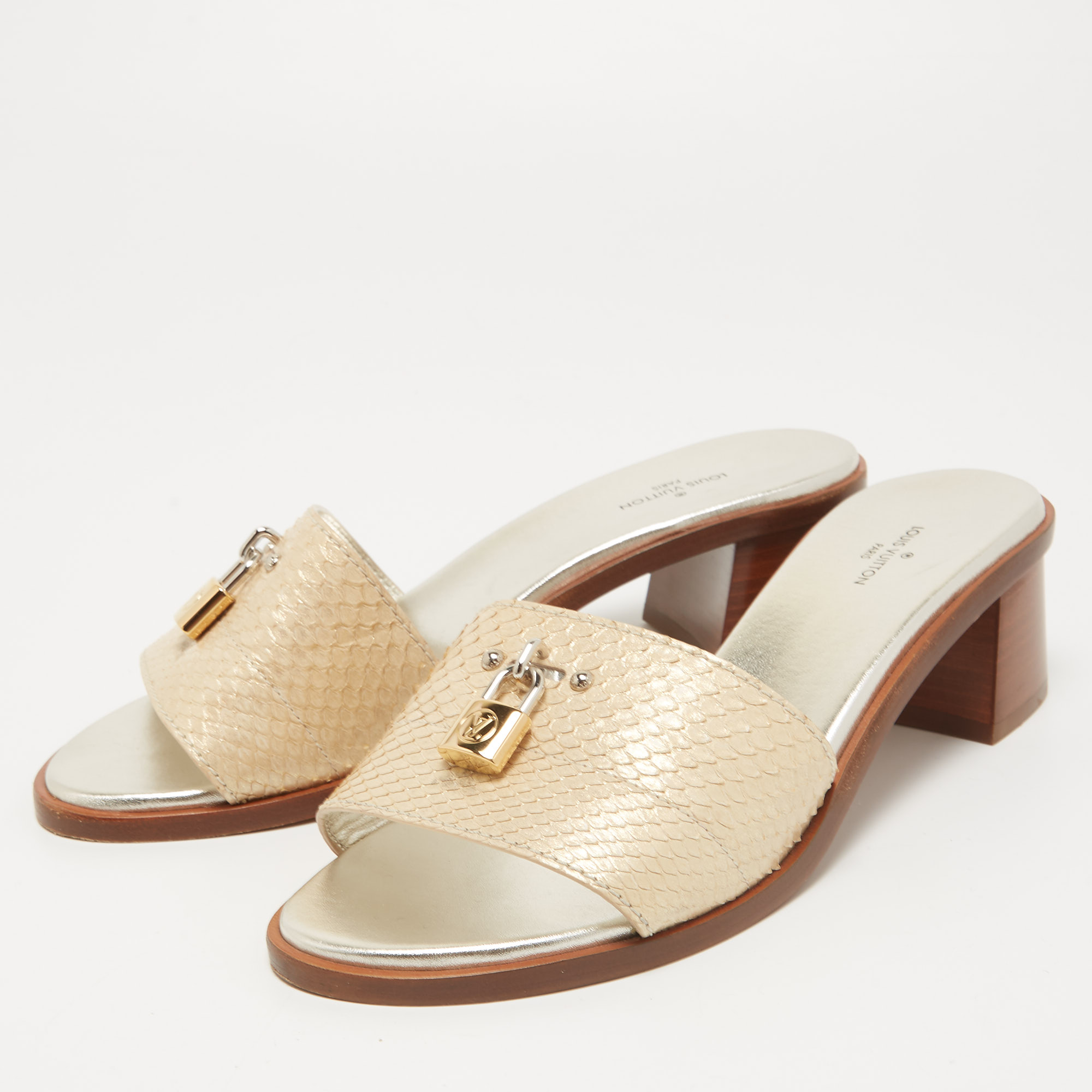 

Louis Vuitton Gold Python Lock It Slide Sandals Size