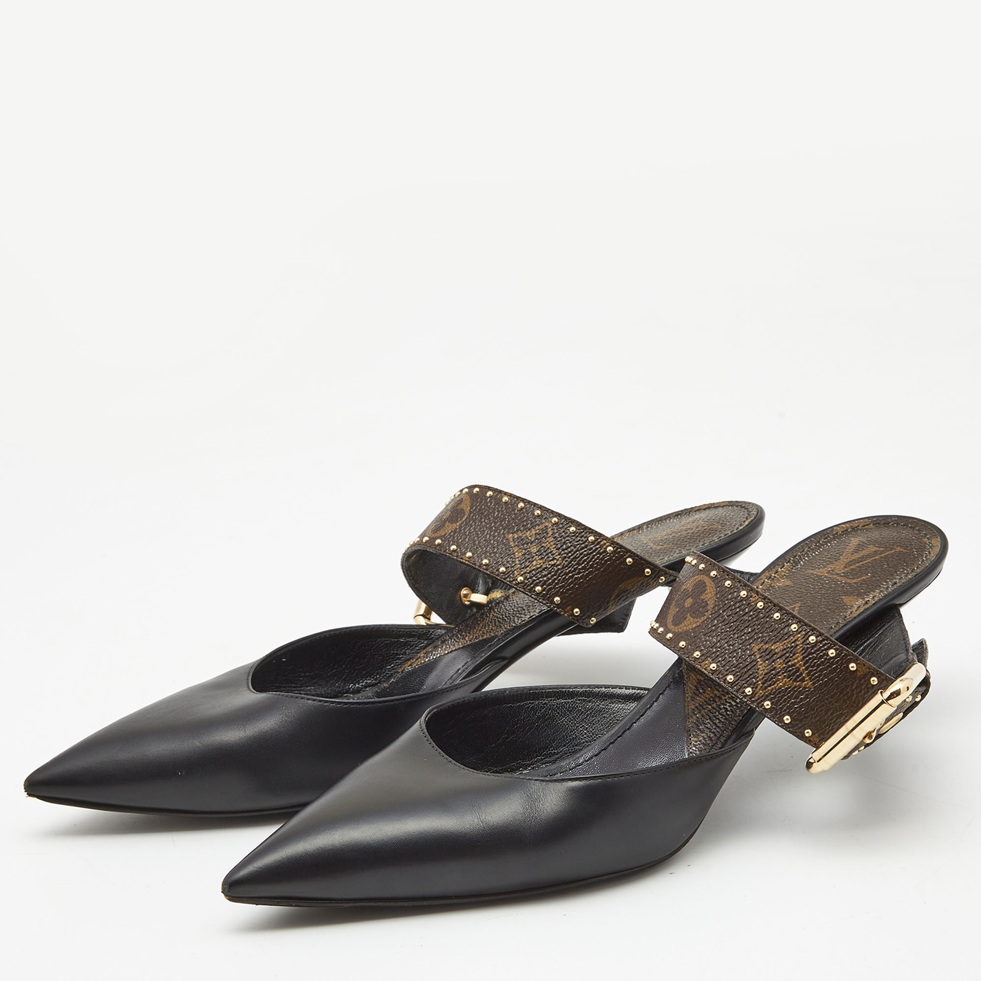 

Louis Vuitton Black/Brown Leather and Studded Monogram Canvas Pointed Toe Mules Size