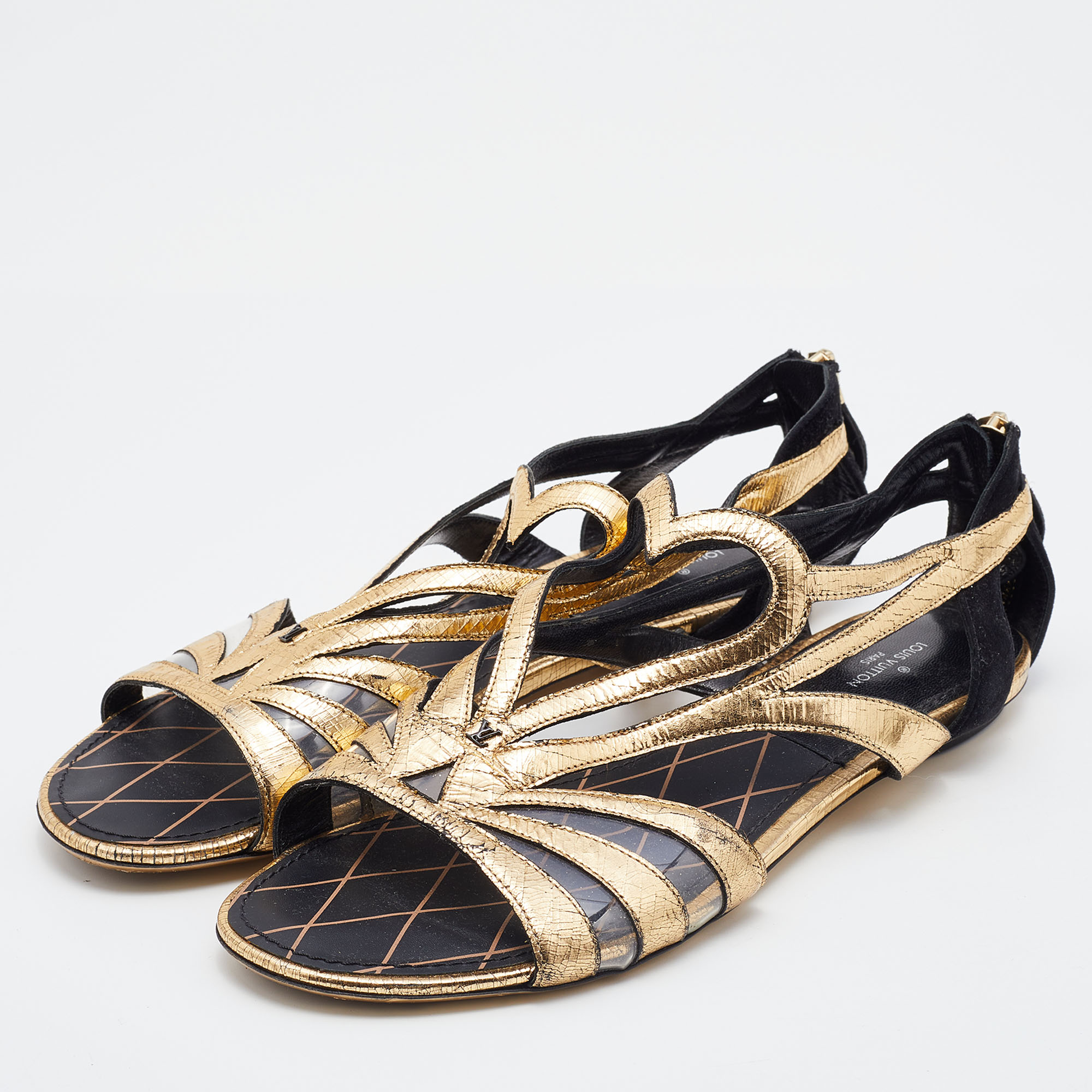 

Louis Vuitton Gold/Black Leather, Suede and PVC Strappy Flat Sandals Size