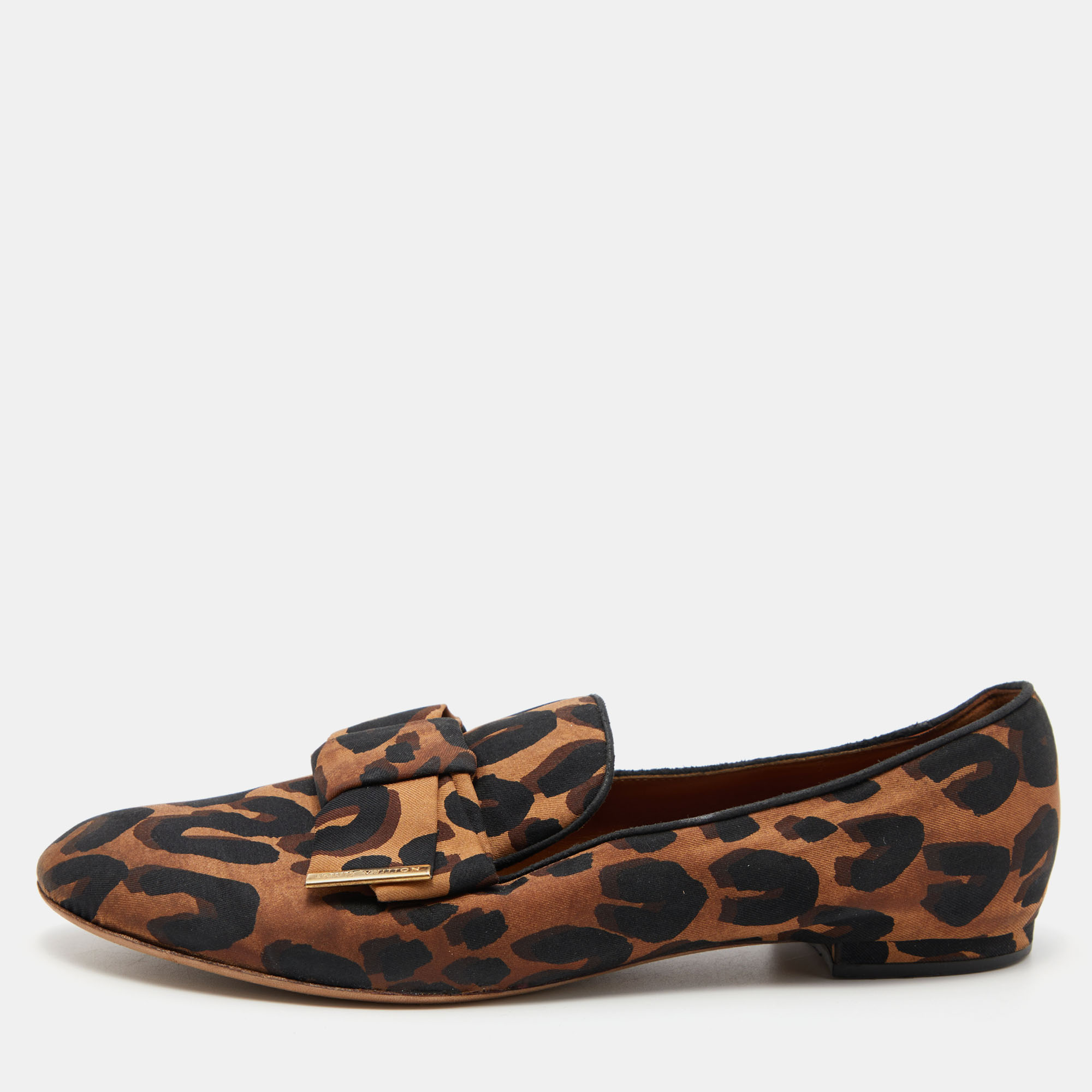 Pre-owned Louis Vuitton Brown Leopard Printed Fabric Bow Detail Smoking Slippers Size 39