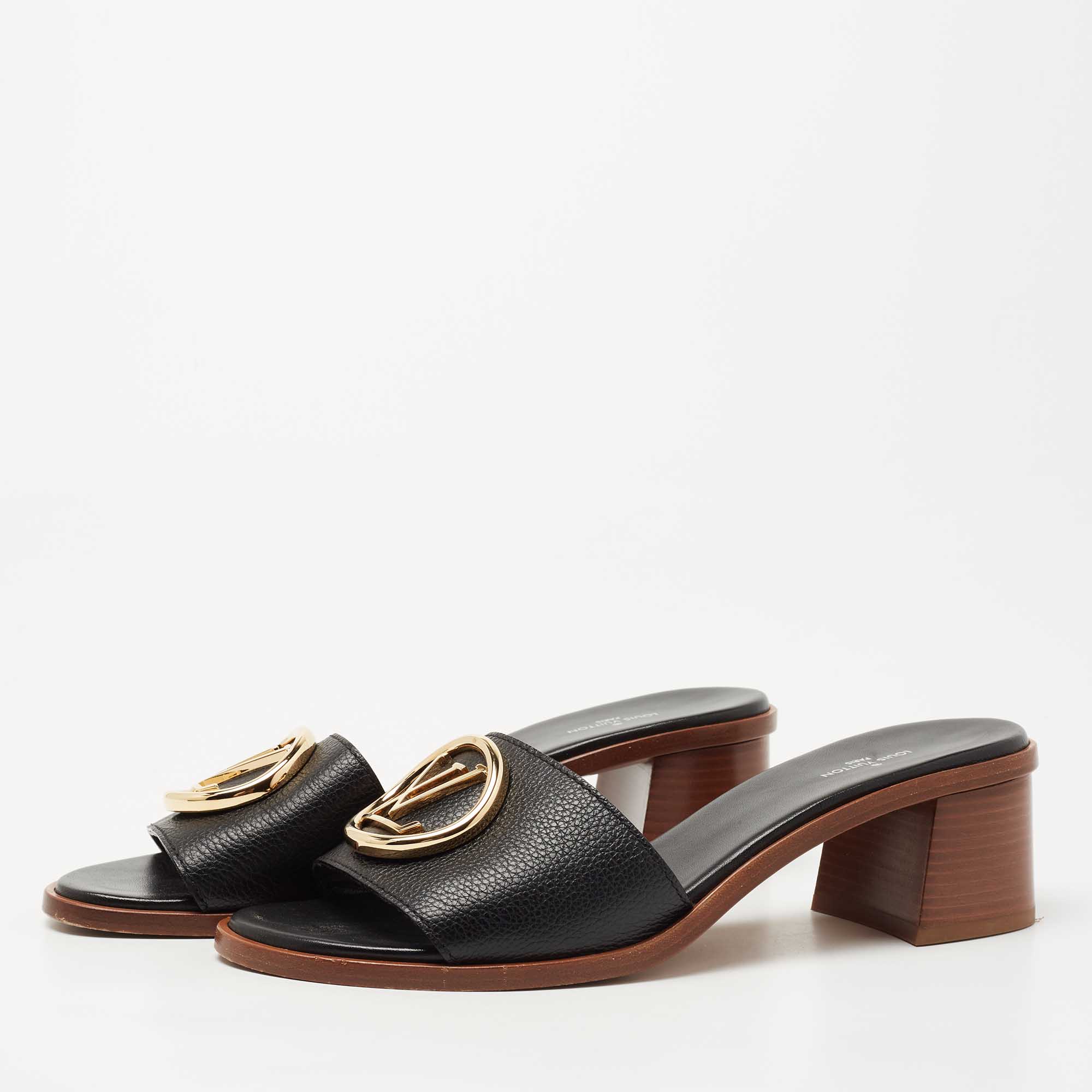 

Louis Vuitton Black Leather Lock It Slide Sandals Size
