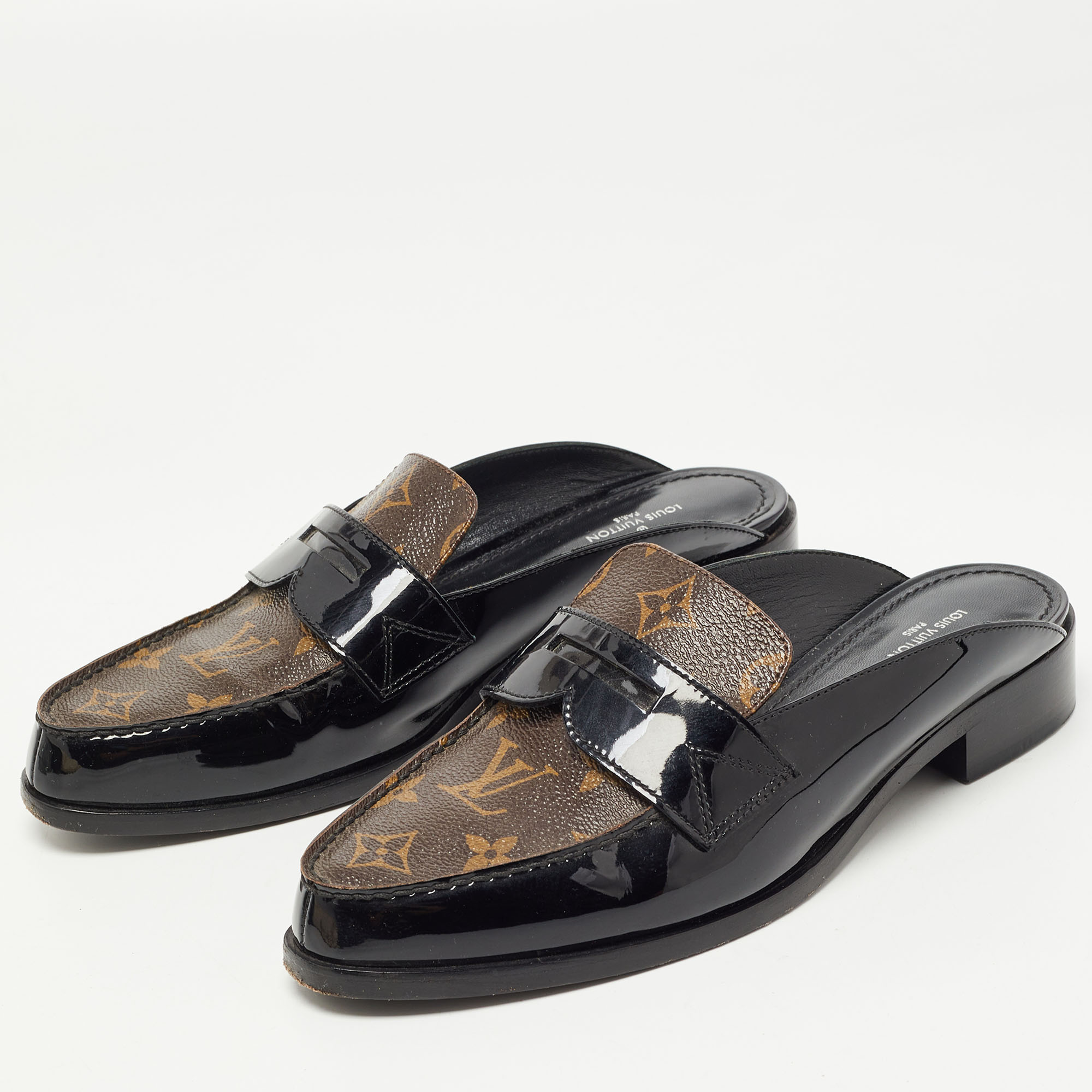 

Louis Vuitton Brown/Black Monogram Canvas and Patent Leather Academy Loafer Mules Size