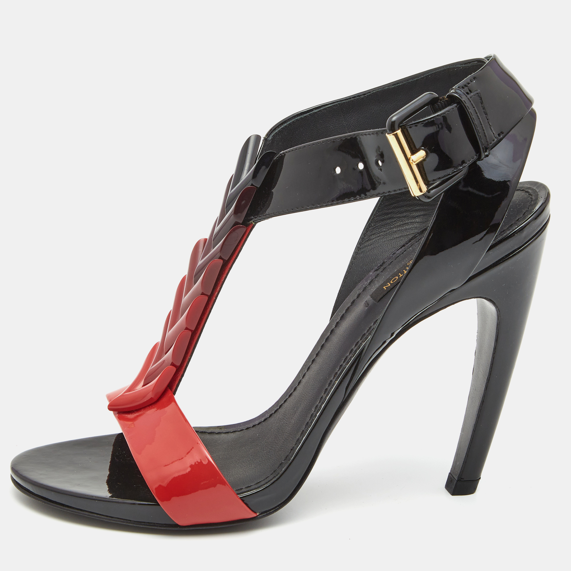 Pre-owned Louis Vuitton Black/red Patent Leather Ankle Strap Sandals Size 39