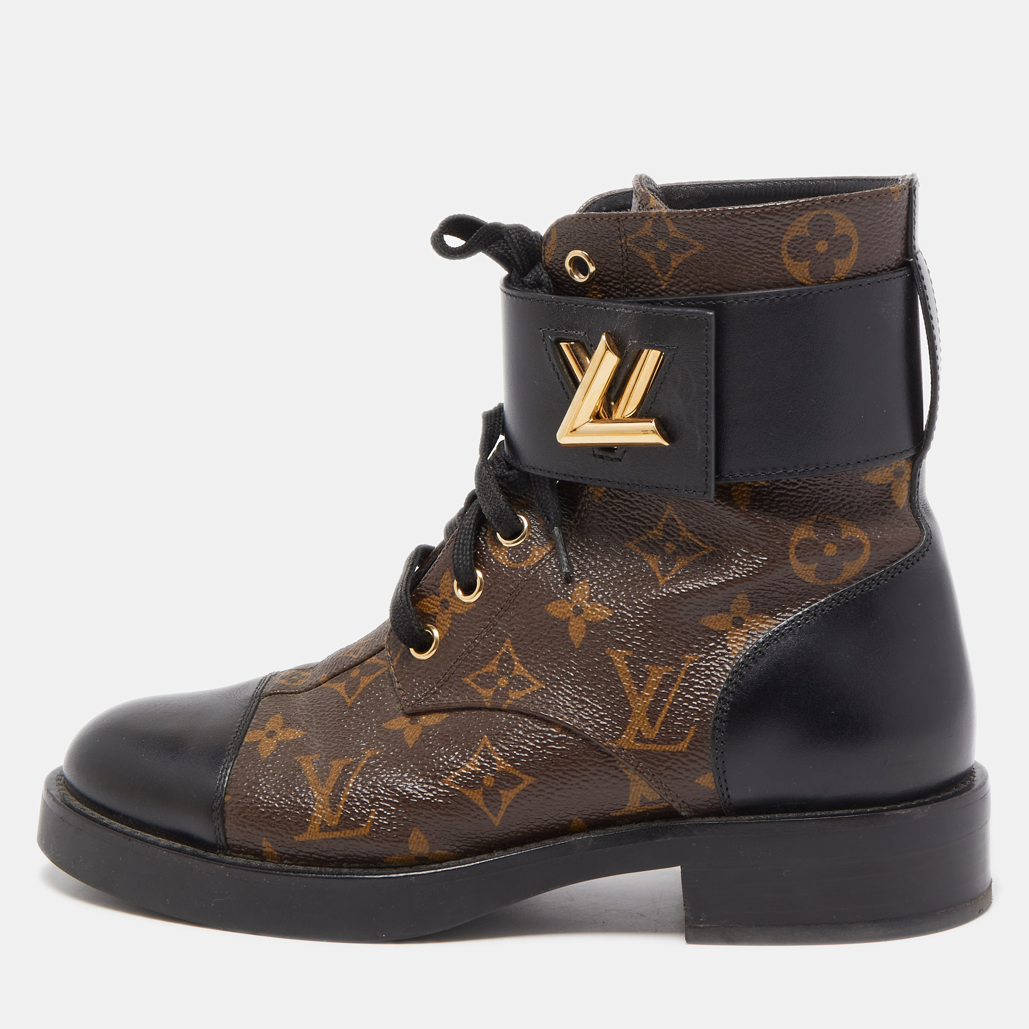 Pre-owned Louis Vuitton Brown Leather And Monogram Canvas Wonderland Flat Ranger Boots Size 37