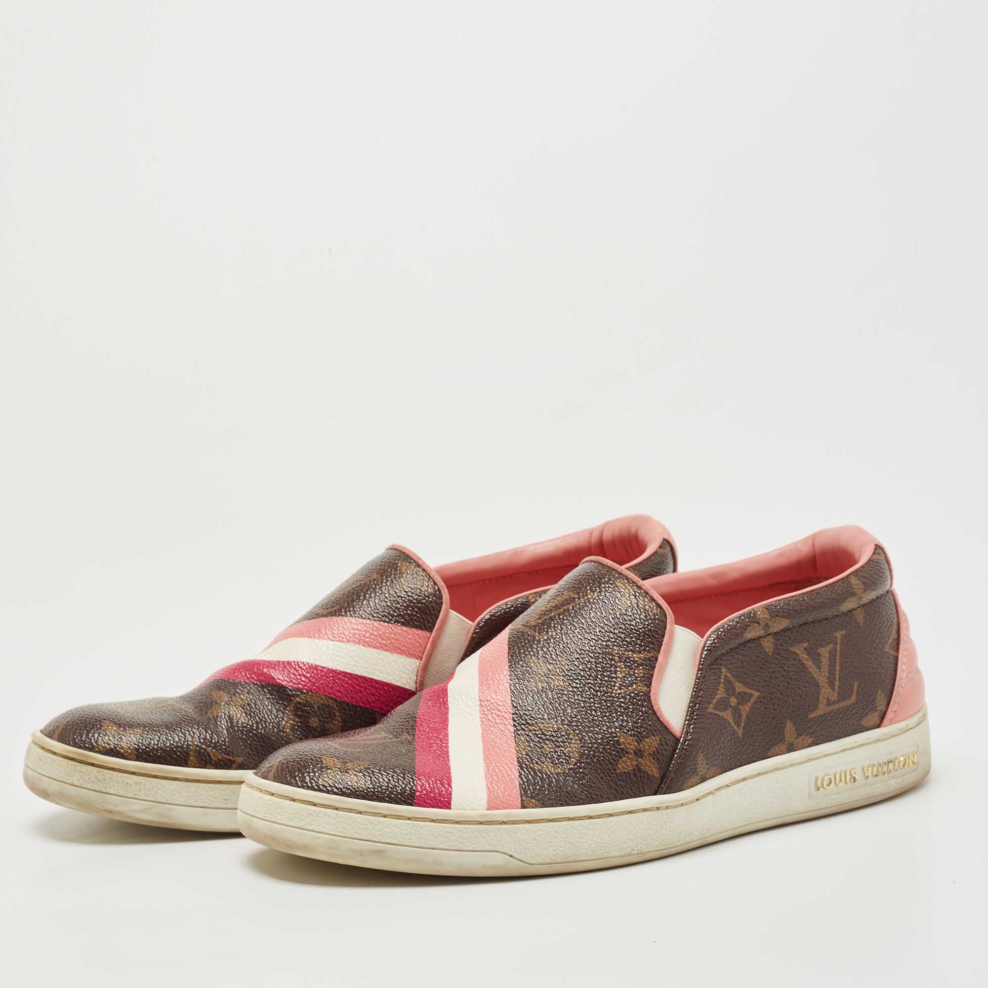 

Louis Vuitton Brown/Pink Monogram Canvas And Leather Frontrow Slip On Sneakers Size