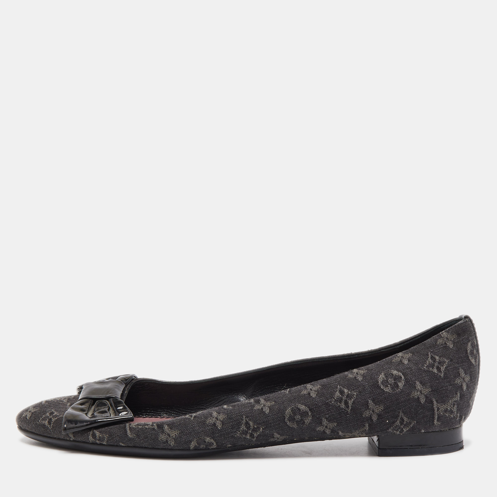 Pre-owned Louis Vuitton Black Monogram Canvas And Patent Leather Bow Ballet Flats Size 37.5